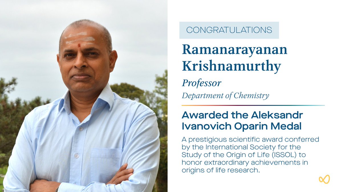 scrippsresearch's tweet photo. Scripps Research professor of chemistry Ramanarayanan Krishnamurthy has been awarded the Aleksandr Ivanovich Oparin Medal!

The International Society for the Study of the Origin of Life (@issol_society) - The International Astrobiology Society bestowed its highest recognition on Krishnamurthy for “best sustained scientific research in the origin of life field.”

The Oparin Medal was awarded to Krishnamurthy at the Origins 2026 meeting earlier this month in Paris, France. 

Watch the acceptance speech: https://t.co/dRGpQ1WVdg