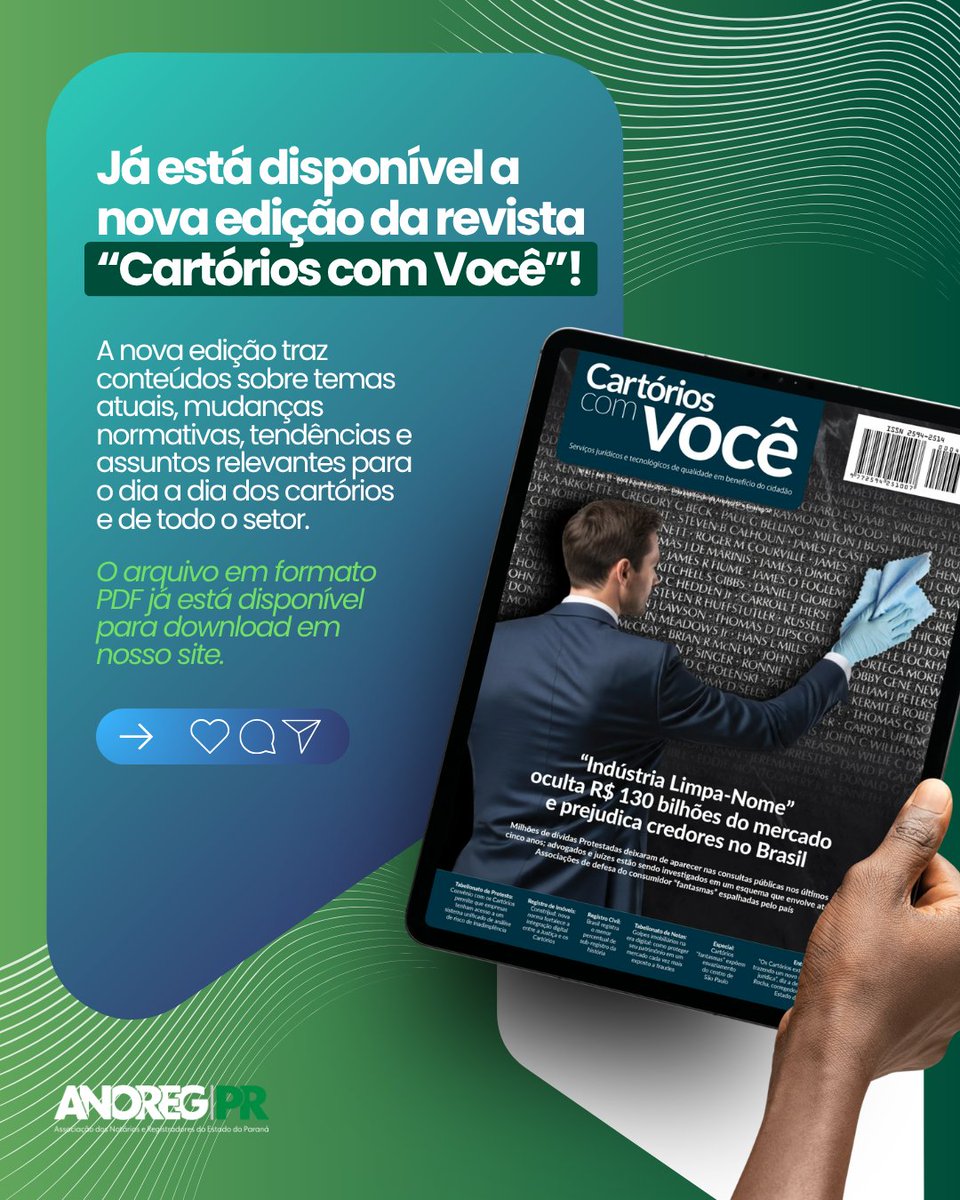 Anoregpr's tweet photo. Mais uma edição da Cartórios com Você já está disponível!

A revista reúne reportagens, entrevistas e conteúdos sobre os principais acontecimentos e temas que impactam a atividade extrajudicial, levando informação confiável e de qualidade aos leitores.

📖 Faça o download da nova https://t.co/q6fK8RxXQf