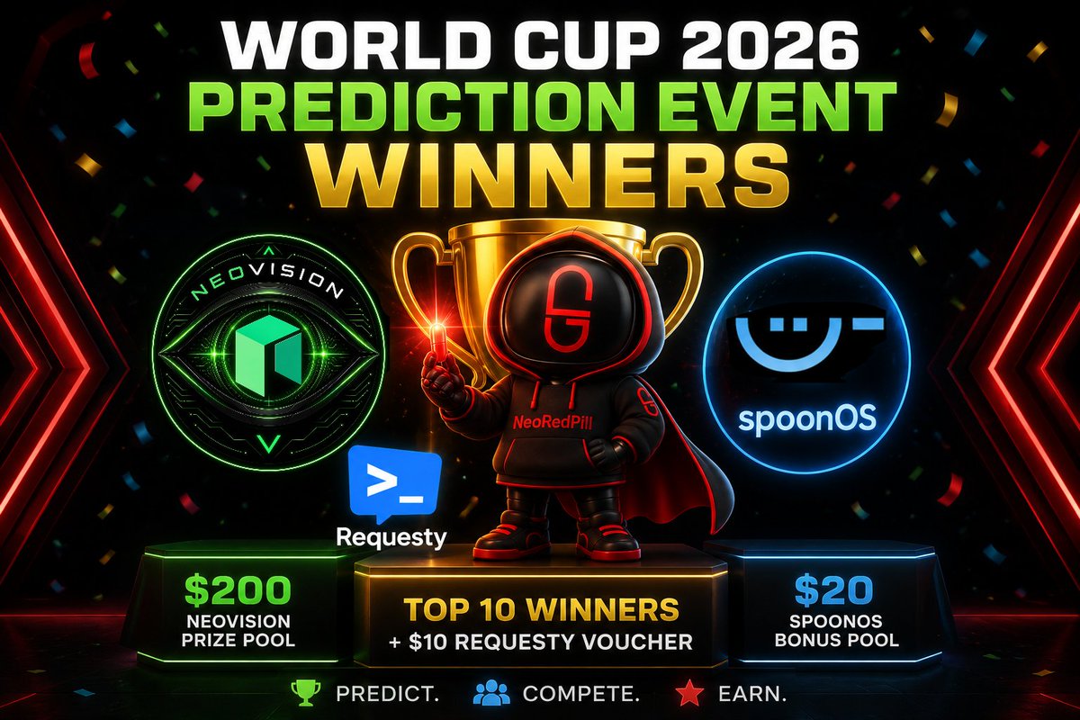 NeoRedPill101's tweet photo. 🏆 The NeoVision x SpoonOS World Cup 2026 Prediction Event has officially ended!

Congratulations to all Top 10 Prediction Game winners and the two final SpoonOS Bonus Pool winners! 🎉

The Top 10 share the $200 NeoVision Prize Pool and each receive a $10 Requesty Voucher. The two randomly selected SpoonOS winners receive $10 USDT each.

📩 All winners, rewards and claim instructions are now available on the NeoVision Discord in # news and # general-channel.

Join here:
https://t.co/sgg0R2zpFV

Thank you to everyone who participated and supported the event! 💚