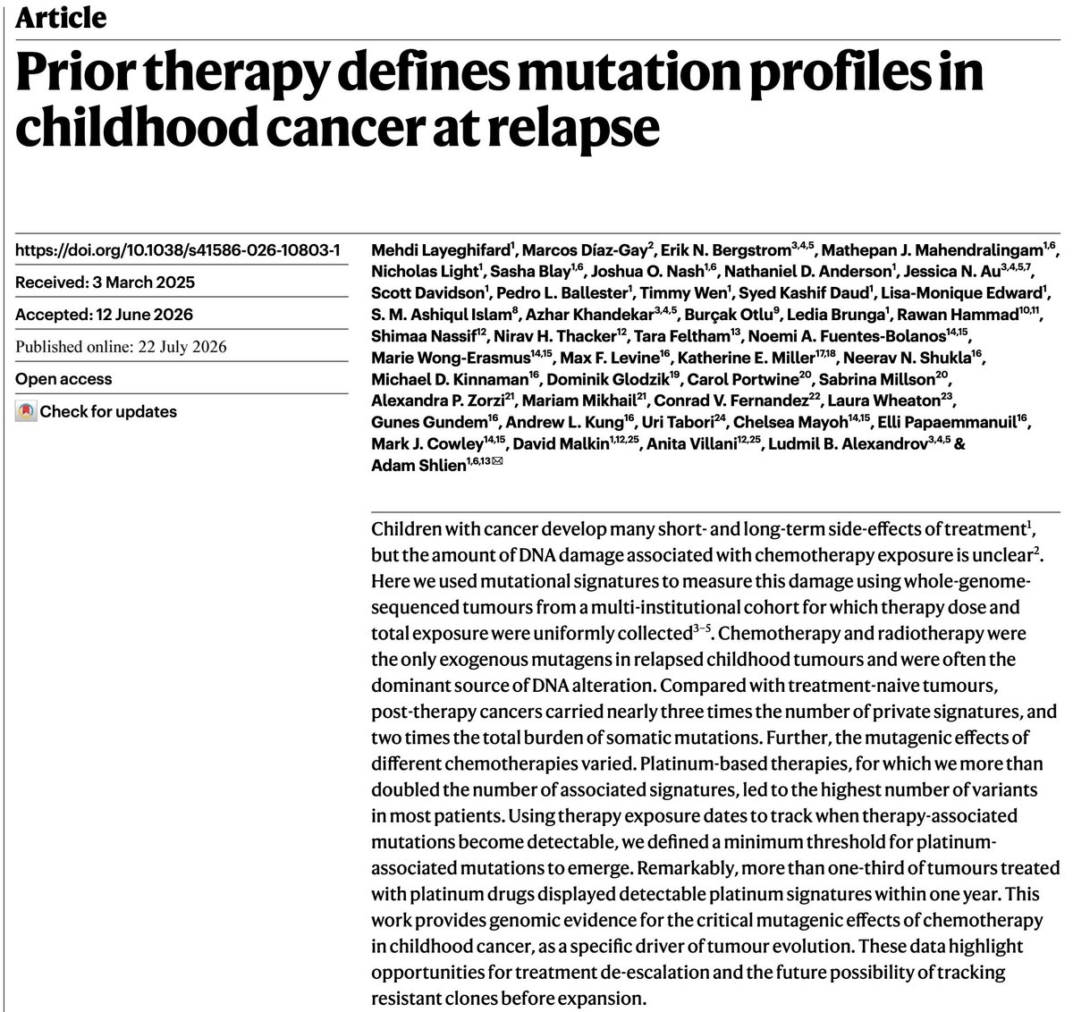 mlayeghi's tweet photo. Our paper out today in @Nature:
How does prior therapy shape childhood cancer at the genomic level? 🧬

https://t.co/obm6ohm1nC
https://t.co/N1KHdpD5Y9

#Nature #CancerGenomics #MutationalSignatures #PrecisionMedicine #PediatricCancer #Resistance https://t.co/LOviRB1rMx