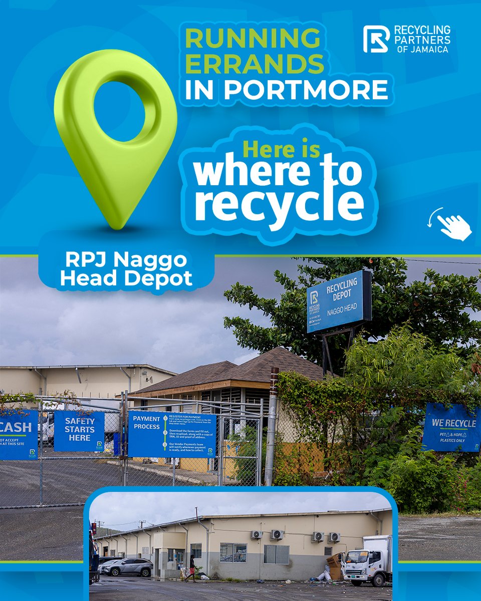 RecyclingJA's tweet photo. Running errands in Portmore today? 🚗
Add one more stop: RPJ Naggo Head Depot. Drop your plastic bottles, get paid. 💵
PET &amp; HDPE only. Register online first, then come link us. ♻️
 #PutPlasticInItsPlace #RecycleJA https://t.co/7MkICBojDP