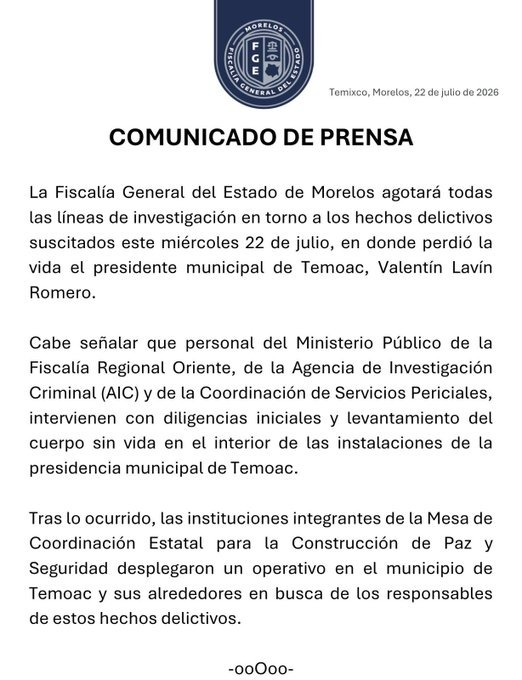 MLopezSanMartin's tweet photo. 🚨 Asesinaron a Valentín Lavín Romero (PVEM), alcalde de Temoac, Morelos

Fue atacado afuera de la Presidencia Municipal, donde ya había sobrevivido a un atentado en enero

📹 La Nueve Once de Cuautla https://t.co/VTDJ4Mv6km