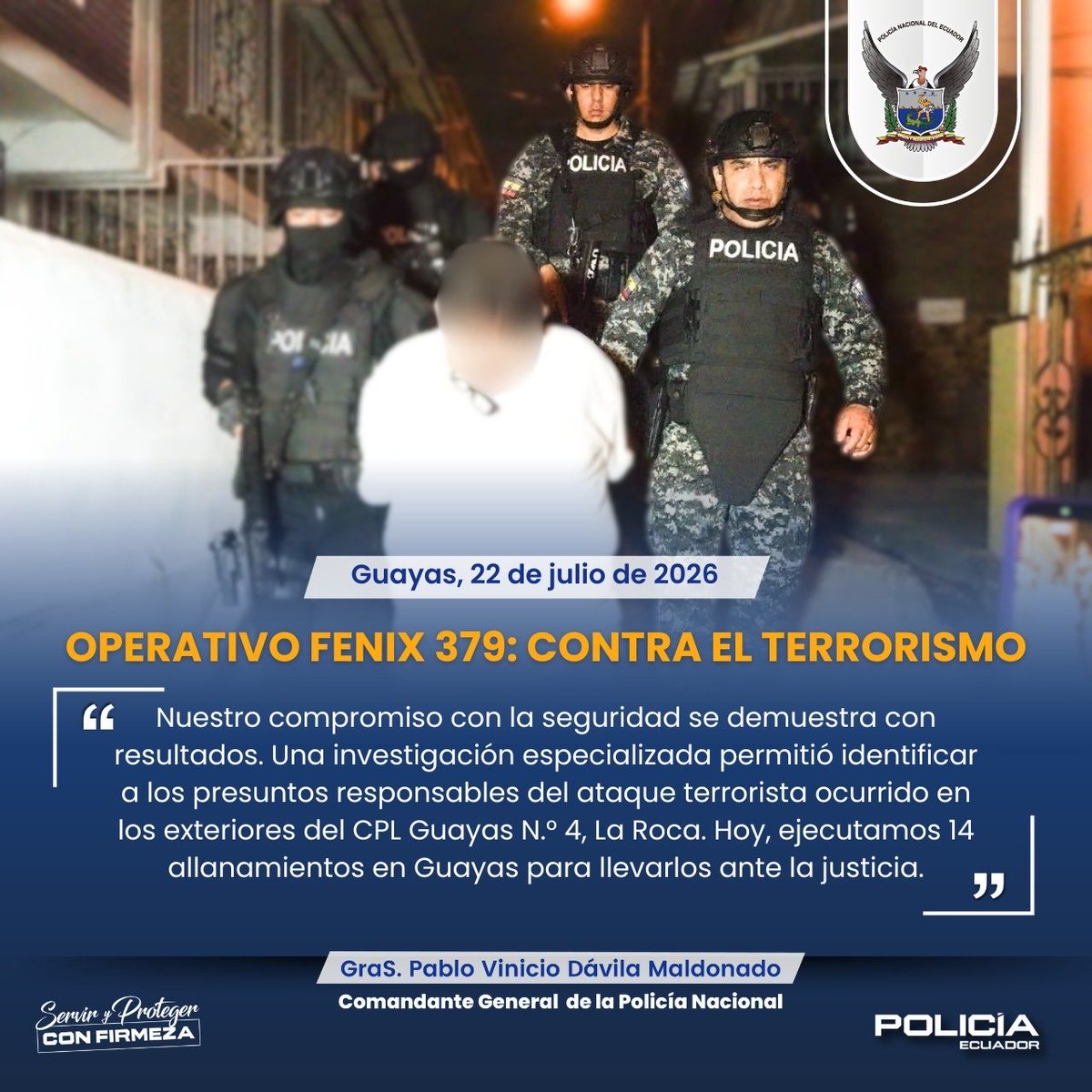 CmdtPoliciaEc's tweet photo. OPERACIÓN FÉNIX 379: SEGUIMOS LA HUELLA DEL DELITO

Durante esta madrugada participé en 14 allanamientos ejecutados en Guayas, donde fueron detenidos cuatro presuntos implicados en el atentado ocurrido en septiembre de 2025, en los exteriores del CPL Guayas N.° 4, La Roca.

La investigación permitió reconstruir la planificación y ejecución de este hecho.

Seguimos actuando con firmeza, estrategia y determinación para llevar a los responsables ante la justicia.

#PolicíaEcuador #ServirYProtegerConFirmeza #EstrategiaOperacional3D
