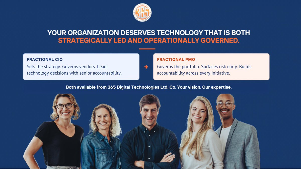 365digitaltech's tweet photo. Strategy without governance drifts. Governance without strategy manages in circles. A Fractional CIO sets the direction. A Fractional PMO ensures every initiative delivers against it. Both from 365 Digital Technologies Ltd. Co. 👇
https://t.co/rVmIAw27hk
#FractionalCIO https://t.co/1f0UCCk7NY