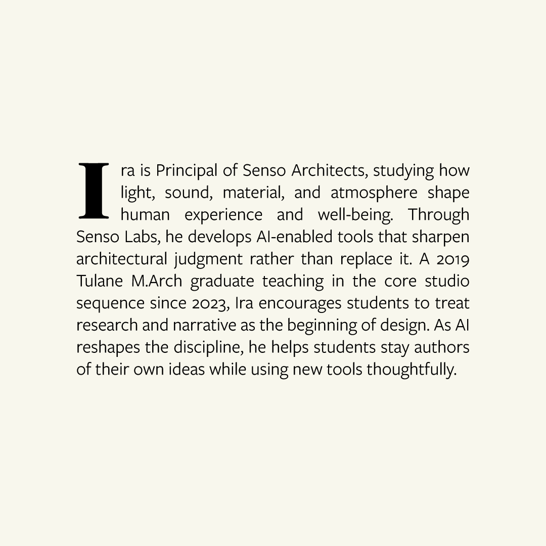 TulaneArch's tweet photo. Meet Ira Concepcion, Visiting Assistant Professor in Architecture at the Tulane School of Architecture and Built Environment. As Principal of Senso Architects and Research Director of Senso Labs, his work sits at the intersection of architecture, technology, and human well-being. https://t.co/gUiK96M7HJ