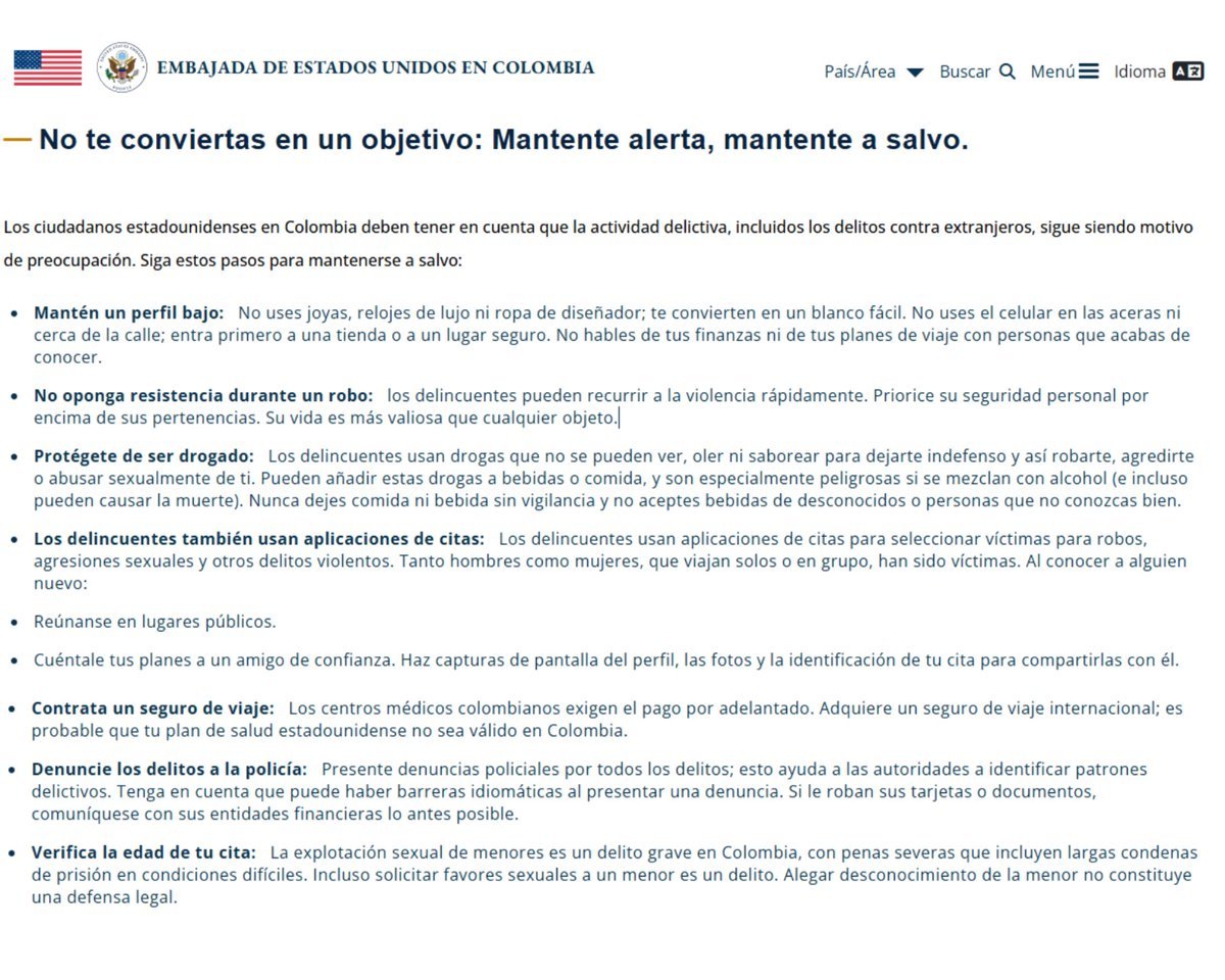 Horadelaverdad's tweet photo. La Embajada de Estados Unidos en Bogotá alertó a sus ciudadanos en Colombia para que eviten convertirse en blanco de la delincuencia. Además, advirtió que criminales estarían utilizando aplicaciones de citas y pidió verificar la edad de las personas con las que se reúnen para prevenir casos de explotación sexual de menores.