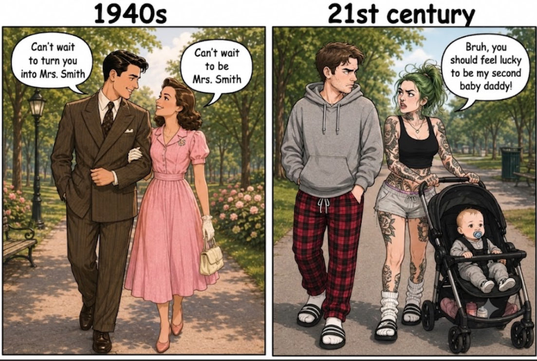 Adriana19Flower's tweet photo. Whoever wants to tell you that society has been as vulgar, sloppy, and degenerate as today is lying. There used to be a time in the west when people were proper;women were feminine, men were masculine, and both knew their roles. 

Now the roles have disappeared and we get this https://t.co/3bNuztQnfq
