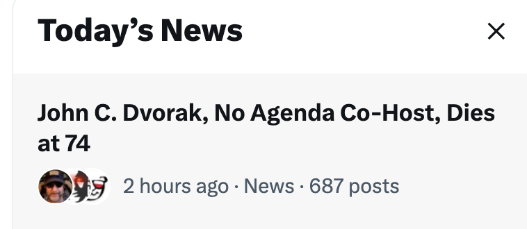 darrenoneill's tweet photo. John C. Dvorak is trending on X!

No doubt he is getting a laugh about that one.

Also, he was 80. https://t.co/mibcCYdF5w