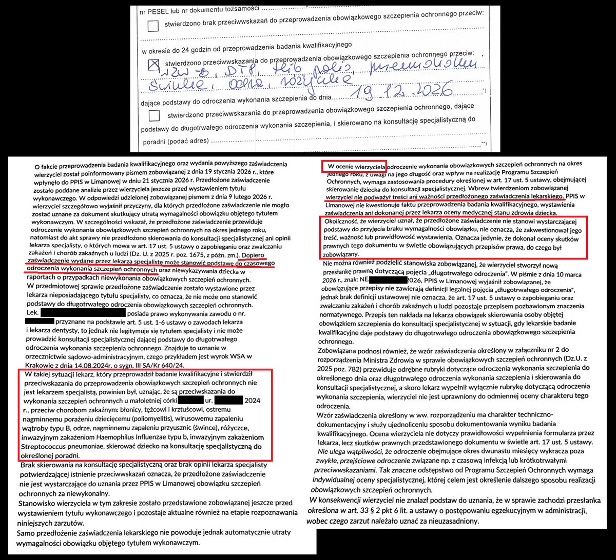 szczepienie's tweet photo. Oto, co się stanie, jeśli do sanepidu zaniesiecie odroczenie dziecka od szczepień po badaniu kwalifikacyjnym wykonanym na prywatnej wizycie lekarskiej. 

Sanepid będzie sobie wymyślał "prawo", którego nie ma, aby za wszelką cenę podważyć i zakwestionować to odroczenie, a na koniec jeszcze w dodatku napisze, że wcale go nie podważa, ani nie kwestionuje.🤡

Tymczasem:

❌Nie istnieje żadna norma prawna, która mówiłaby, jakie uprawnienia musi mieć lekarz, żeby mógł wypełnić rubrykę o czasowym (a nie "długotrwałym"!) odroczeniu w zaświadczeniu o badaniu kwalifikacyjnym.

❌Nie istnieje żaden przepis prawa, który stanowi, jakie odroczenie jest "długotrwałe", a jakie nie jest "długotrwałe".

❌Nie istnieje żaden przepis prawa, który mówi, że każde odroczenie od szczepień wymaga najpierw skierowania na "konsultację specjalistyczną", ani jakie odroczenie wymaga, a jakie nie wymaga "konsultacji specjalistycznej".

❌Nie istnieje żadna norma prawna, która stanowi, jak długie musi być odroczenie od szczepień, żeby wymagało "skierowania na konsultację specjalistyczną".

✅Istnieje za to Artykuł 7 Konstytucji, który mówi, że "Organy władzy publicznej działają na podstawie i w granicach prawa". 

Ale w sanepidach - zamiast Artykułu 7 Konstytucji RP -jest "prawo", które się nazywa "w ocenie wierzyciela🖕".