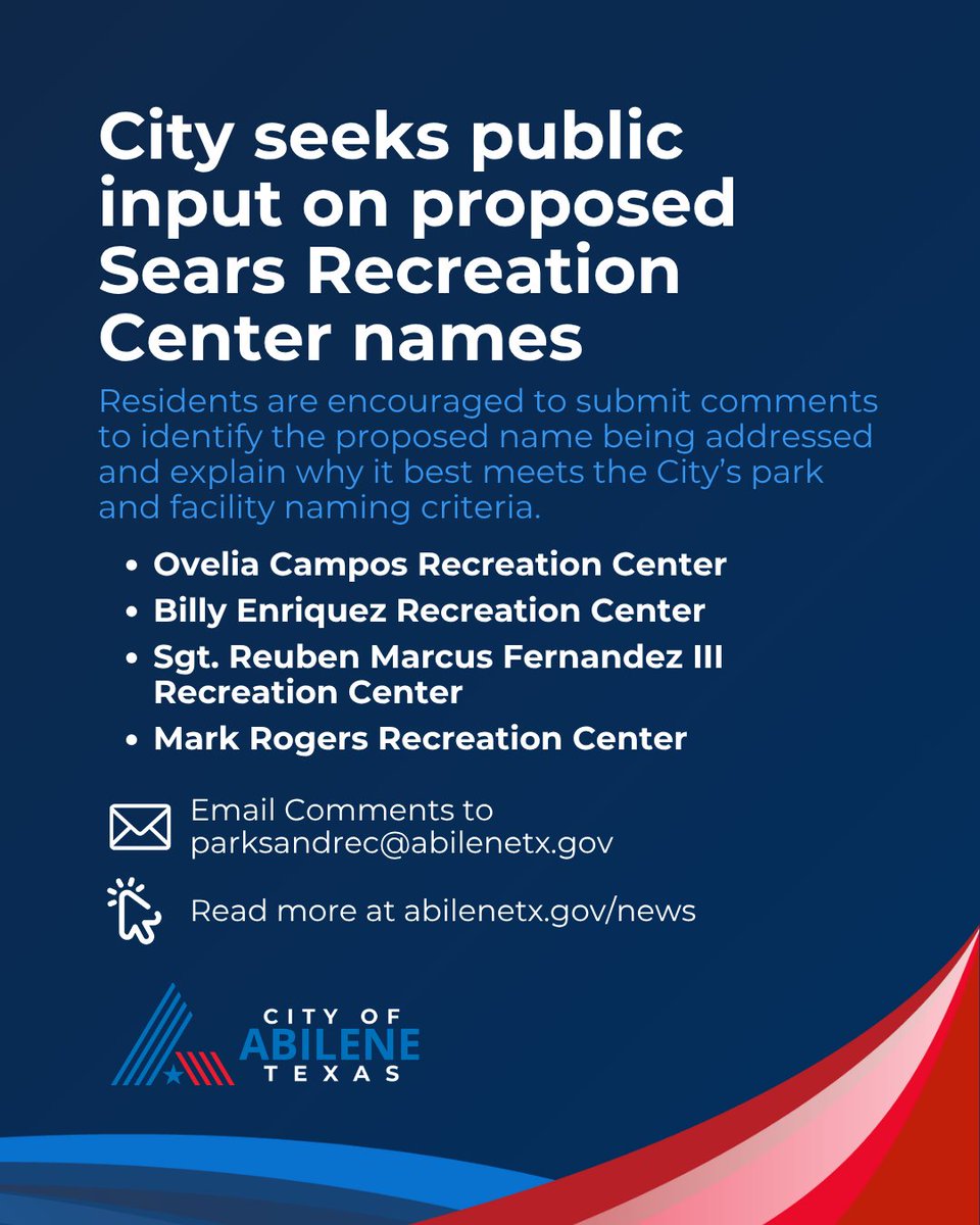 CityOfAbilene's tweet photo. The Parks and Recreation Board wants your input! Share your feedback on the proposed names for the Sears Recreation Center by emailing parksandrec@abilenetx.gov and help shape this community space. 

🔗 https://t.co/peyu10OBzl https://t.co/95BXlOGD8O