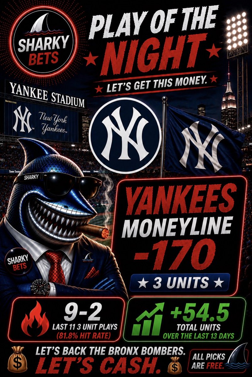 SharkyBets_'s tweet photo. 🚨 🌙 PLAY OF THE NIGHT 🌙 🚨

⚾ Yankees Moneyline (-170) | 3U

🔥 9-2 on last 11 three unit plays (81.8%)
📈 +54.5 units over the last 13 days https://t.co/bv8taBw72i