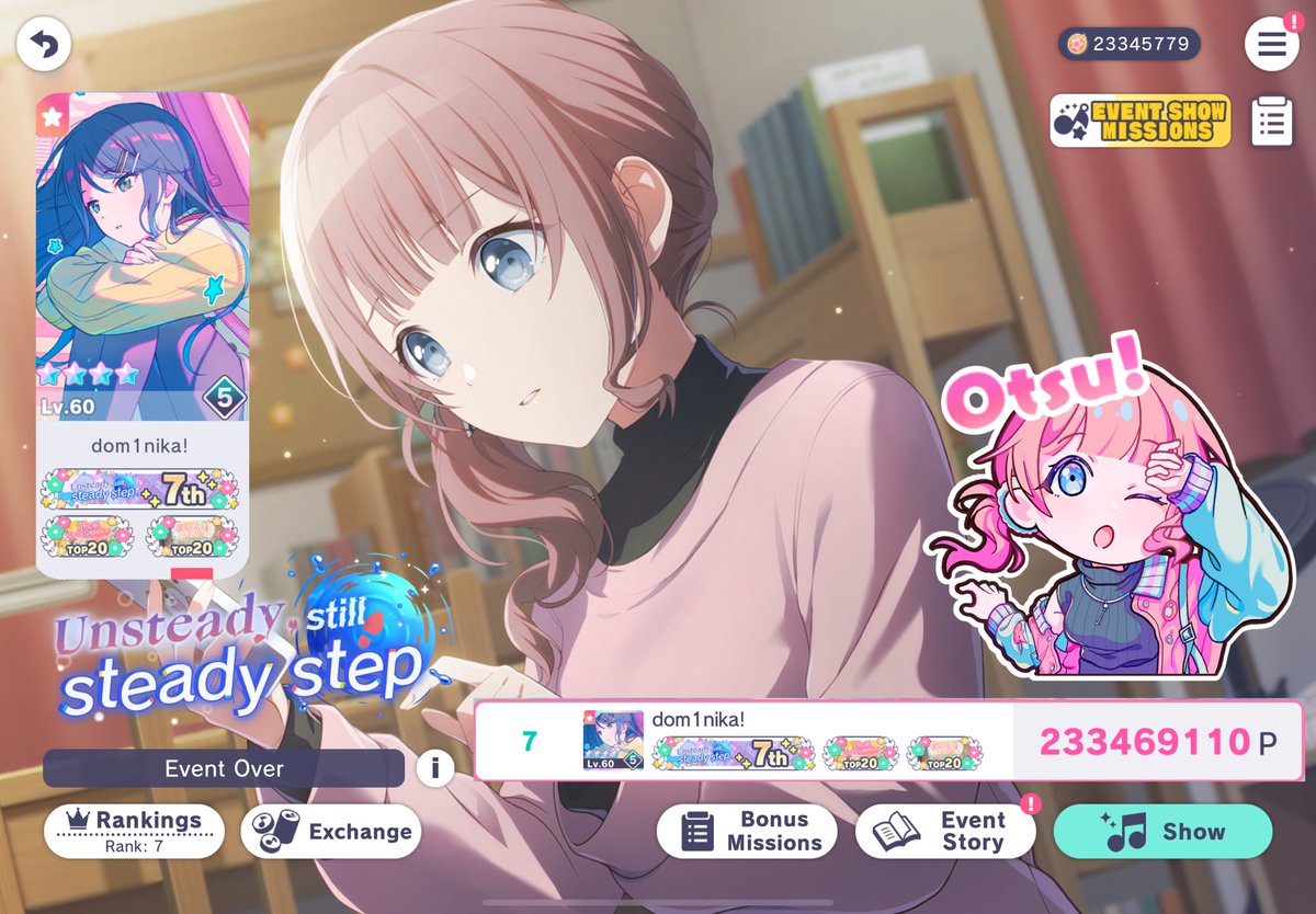 Dxnnielie's tweet photo. Unsteady, Still Steady Step
T7 - 233,469,110

After two failed t10s I’ve finally been able to redeem myself on my dream event, and I’m so grateful to everyone that supported me from the bottom of my heart. So happy I could do my best for ichihona 💙 https://t.co/8YsKsvXyDT