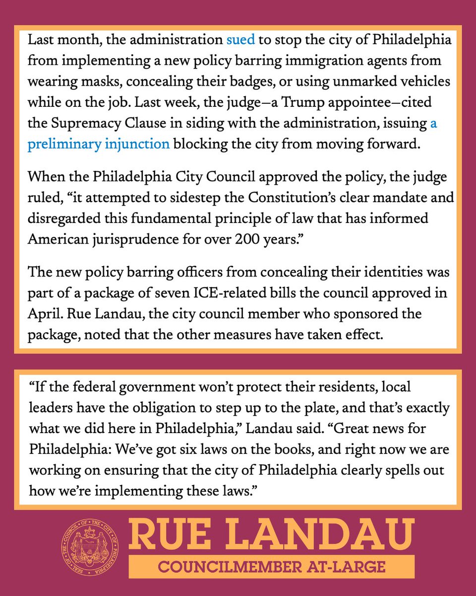 RuePhilaCouncil's tweet photo. When we passed ICE OUT into law, we sent a message: Philly will not stand idly by while the federal administration attacks our neighbors. We are not backing down now. https://t.co/6wBNyB05o8
