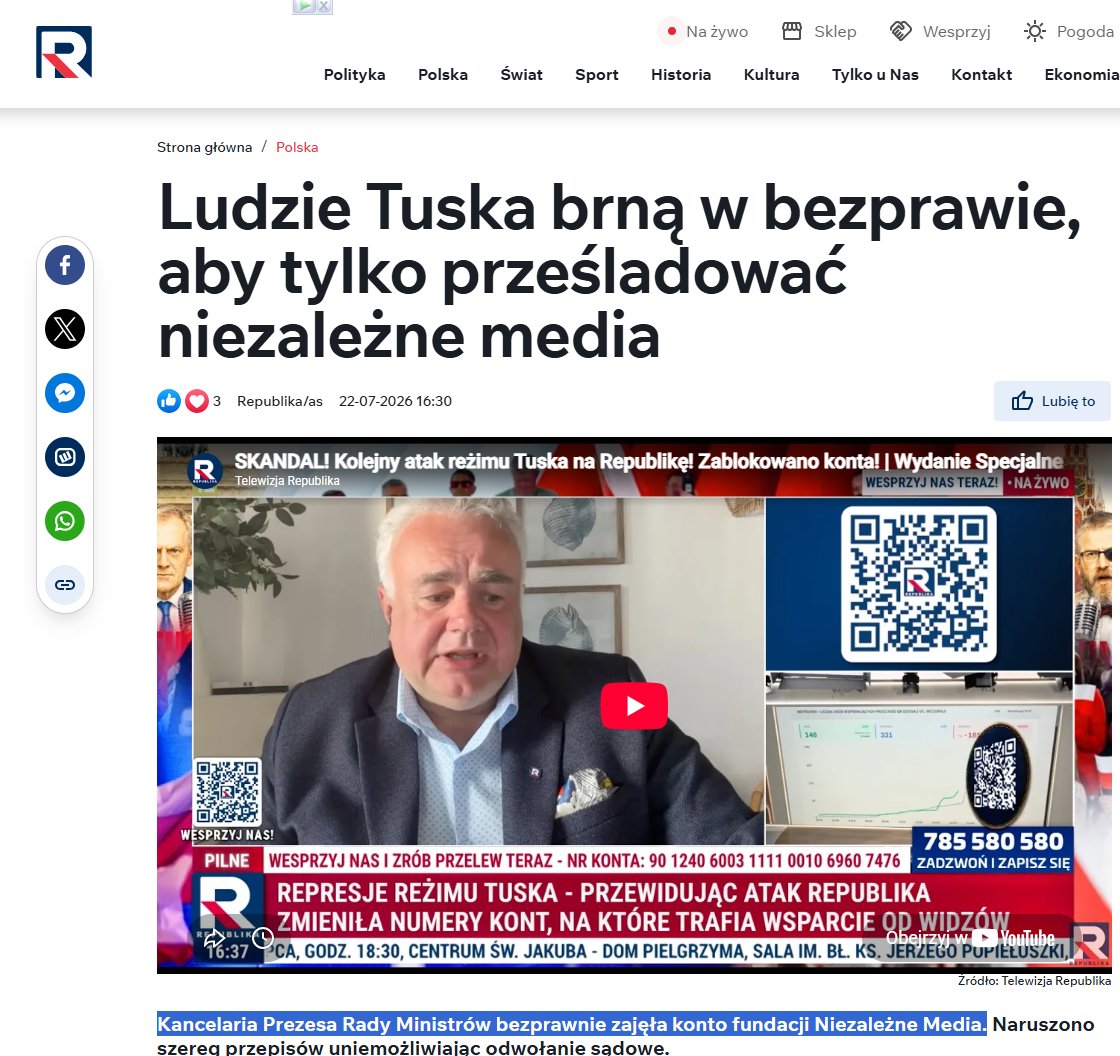 Morgenstern616's tweet photo. Kancelaria Prezesa Rady Ministrów zajęła konto fundacji Niezależne Media. https://t.co/ww63CrfN1y