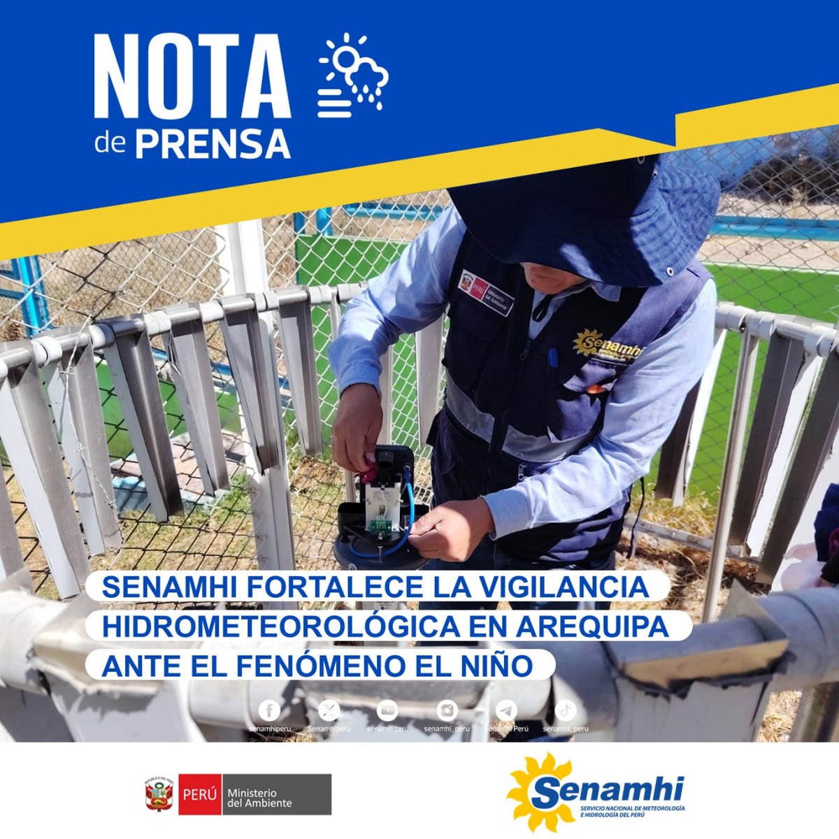 Senamhiperu's tweet photo. 📣 #NotaDePrensa | #Senamhi #Minam
🌧📡 Senamhi fortalece la vigilancia hidrometeorológica en Arequipa ante el Fenómeno El Niño
📲 Conoce más: https://t.co/86cWkrp2sf https://t.co/BrCR99RjVT