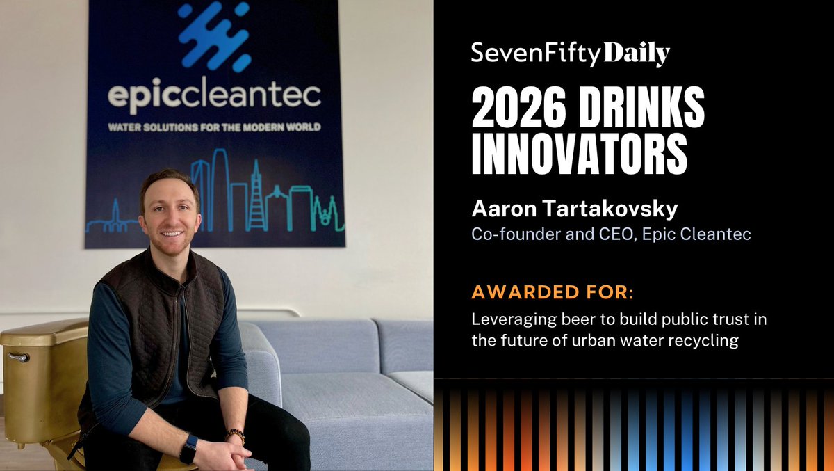 EpicCleantec's tweet photo. 🏆 We’re excited to share that Epic Cleantec’s Co-Founder & CEO Aaron Tartakovsky has been recognized as one of @SevenFiftyDaily’s 2026 Drinks Innovators for helping redefine what’s possible in the beverage industry through water reuse.  

“We never set out to become a beer company. We set out to change the conversation around water reuse. Sometimes the best way to shift perceptions isn’t with another white paper, it’s with a great beer.”

Thank you to SevenFifty Daily for highlighting innovators pushing the beverage industry forward. Here’s to proving that sustainability and great beer can go hand in hand. 🍻💧

https://t.co/R4TytTwW2R