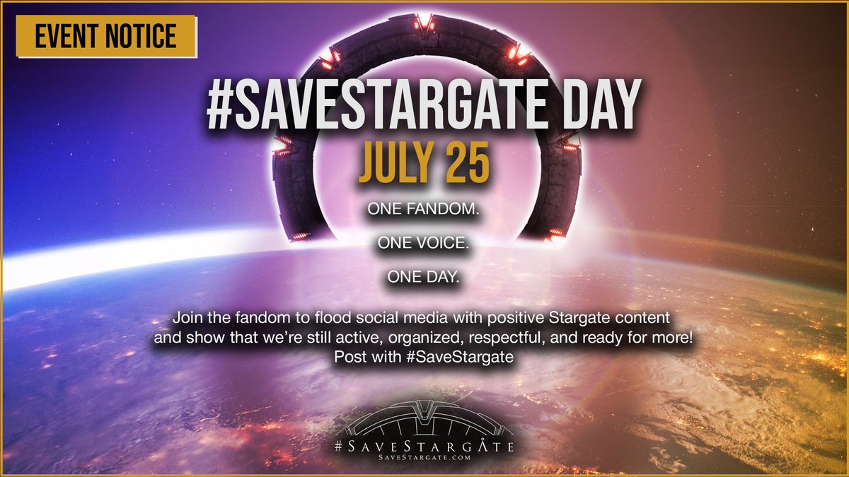 SaveStargateHQ's tweet photo. REMINDER: Saturday is Stargate Day and we want you to help! Flood social media with positive Stargate content on Tiktok, Facebook, X, Reddit, Tumblr and wherever else you may be! Lets get organised and show Amazon/MGM what we can do as a fandom!
#SaveStargate https://t.co/ULXusqZUar