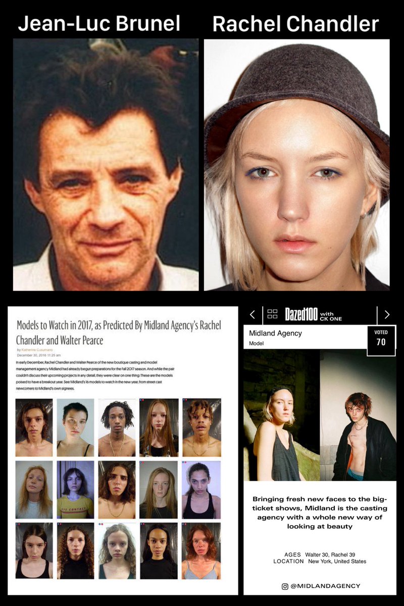 TheRubberDuck79's tweet photo. ⁉️DID YOU KNOW⁉️ Jeffrey Epstein & Jean-Luc Brunel [dead-2022] founded & funded Midland Modeling Agency - then hired Rachel Chandler & Walter Pearce - both chiId handlers and "recruiters" - to operate the agency as a "feeder" for Epstein's network of occult & blackmailed clientele.

👉🏼 there were thousands of modeling agency fronts set up just like this across the world - the occult must feed the eye with money, souls and the blood of children

👉🏼 Chandler and Pearce targeted and recruited youngsters trapped in the web of Child Protective Services as well as homeless children of all ages living in halfway houses, rehab facilities or strung out, living on the streets - knowing that they would be easy to control and easy to lure with the promise of money, fame, love and stability.