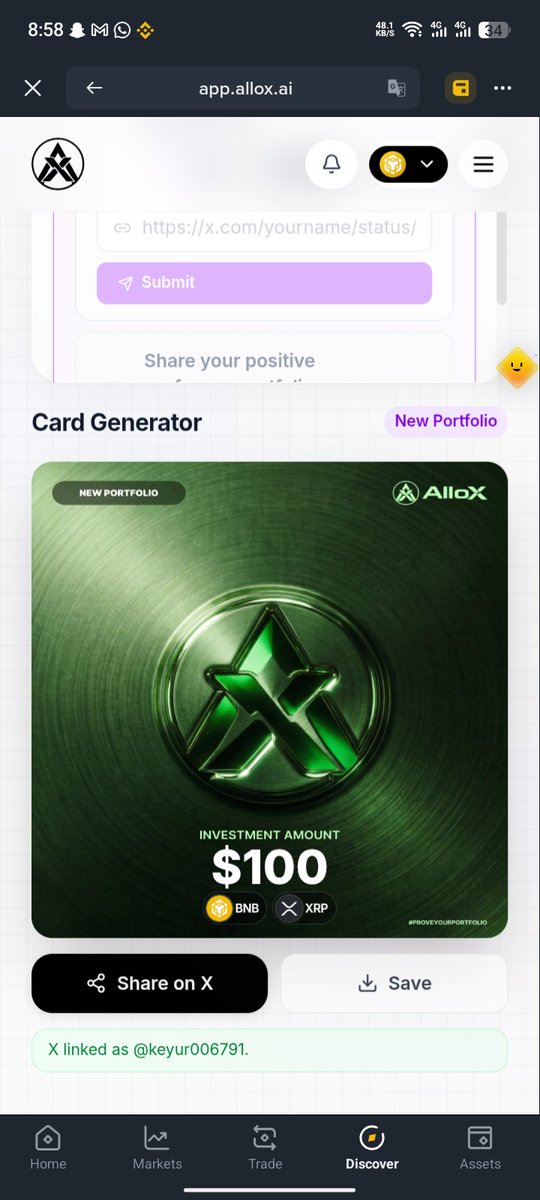 keyur006791's tweet photo. My $100 on-chain portfolio is now live on @alloxdotai!
Excited to participate in the #ProveYourPortfolio campaign and looking forward to the journey ahead. Let's build! 💚
#ProveYourPortfolio #AlloX https://t.co/RWRCskBpIQ