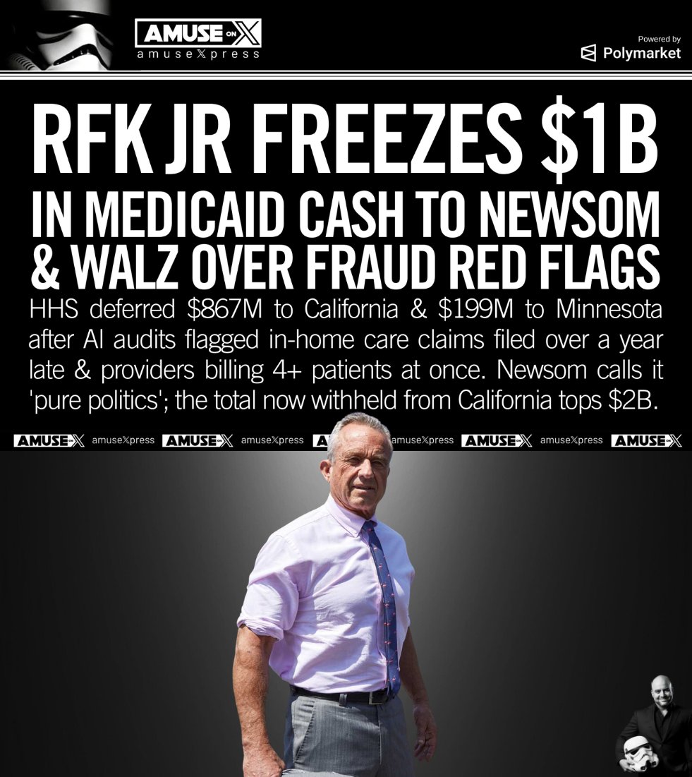 amuse's tweet photo. DOGE: The very best way to stop fraud, waste, and abuse at the state level is to cut off the money until leaders like Tim Walz and Gavin Newsom get their houses in order. That's exactly what RFK Jr. is doing by freezing a billion in Medicaid cash.