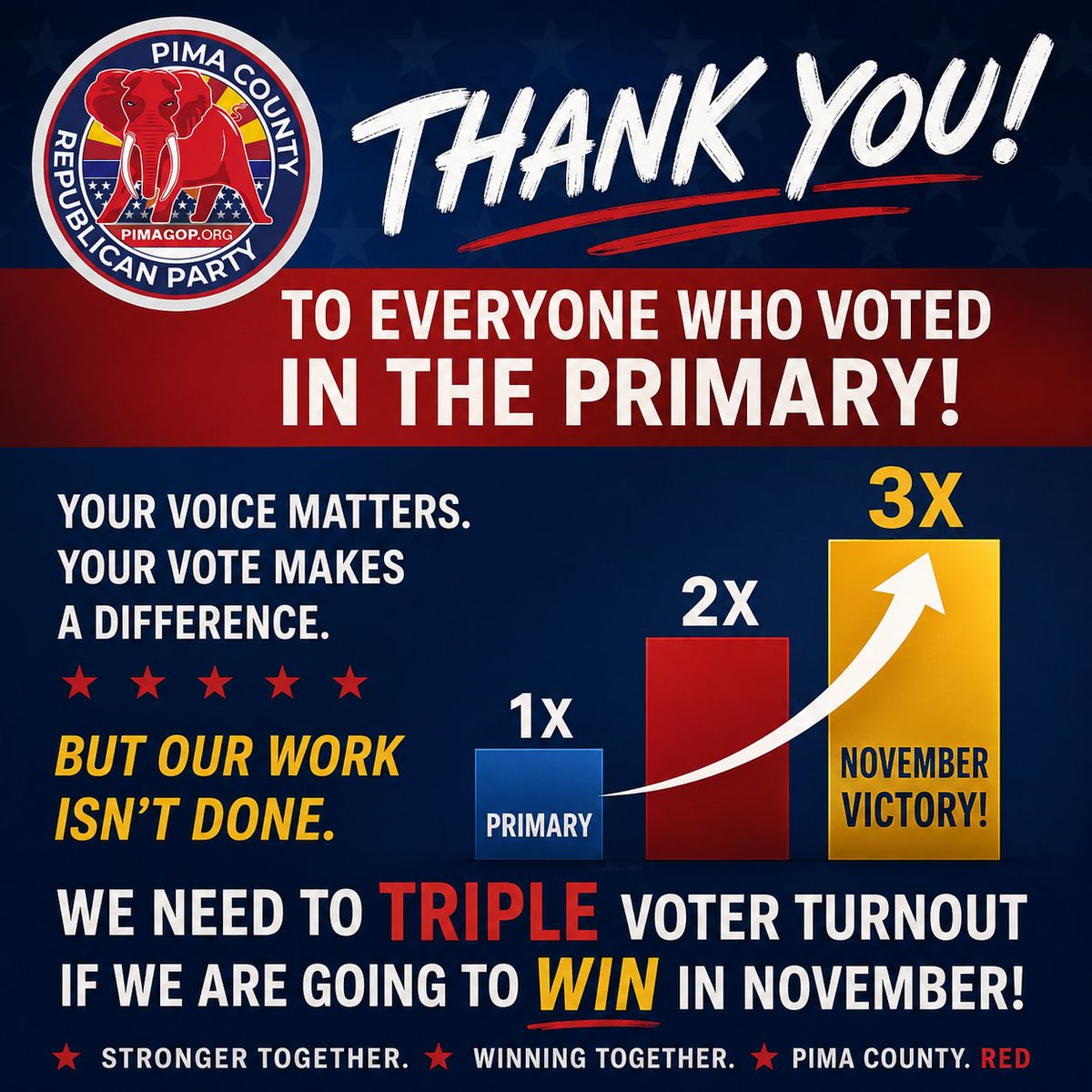 RealPimaGOP's tweet photo. The primary is over. Thanks so much to everyone who volunteered and who voted. Now the real work begins. Let's take back Arizona in November! #AmericaFirst #ArizonaFirst https://t.co/76MxCwWFeZ