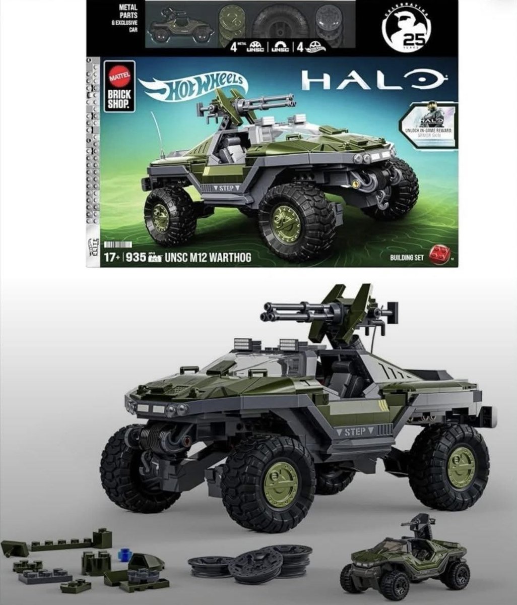 HaloCollector's tweet photo. Leaked on Reddit, we now have images of the upcoming  @Mattel @Hot_Wheels @halo 25th anniversary M12 Warthog build. 935pc elite class brick build featuring customization and a 1/64 diecast warthog.  

Includes unlocking in game armor skin https://t.co/RurlQmT21i