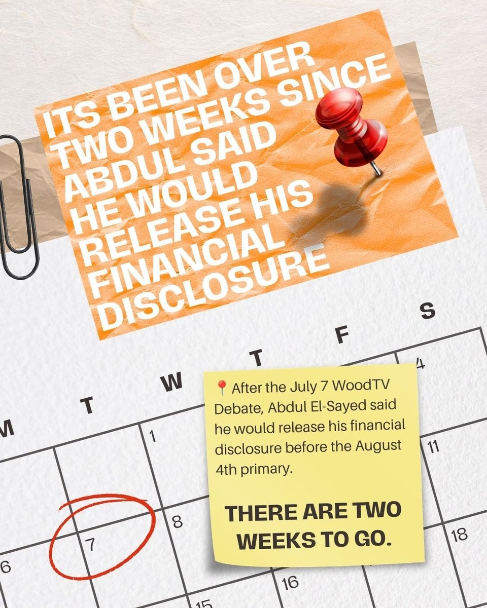 HaleyforMI's tweet photo. It's been OVER TWO WEEKS since Abdul said he'd release his finance disclosure. Michiganders still don't know who is putting money in Abdul's pocket, what he's hiding, or why he's hiding it. https://t.co/TLI0mmBHtp