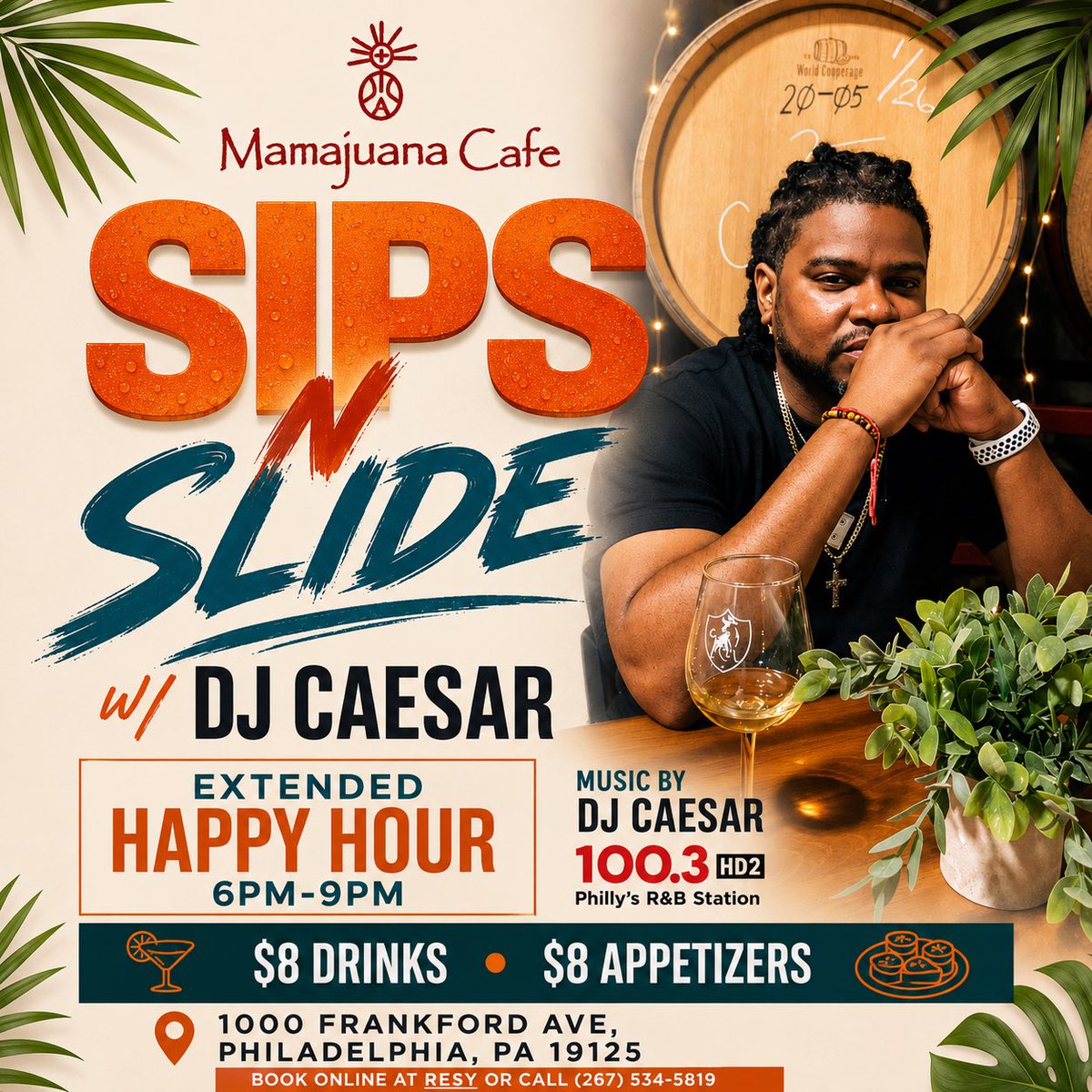 DJ_CAESAR's tweet photo. Sips N Slide w/ DJ Caesar today @mamajuanacafephilly from 6p-9p pull up on me. Dope Food, Dope Drinks, &amp; Dope Music

FREE ENTRY

$8 Drinks

$8 Appetizers 

Crazy Vibes https://t.co/QUenHBiiiB