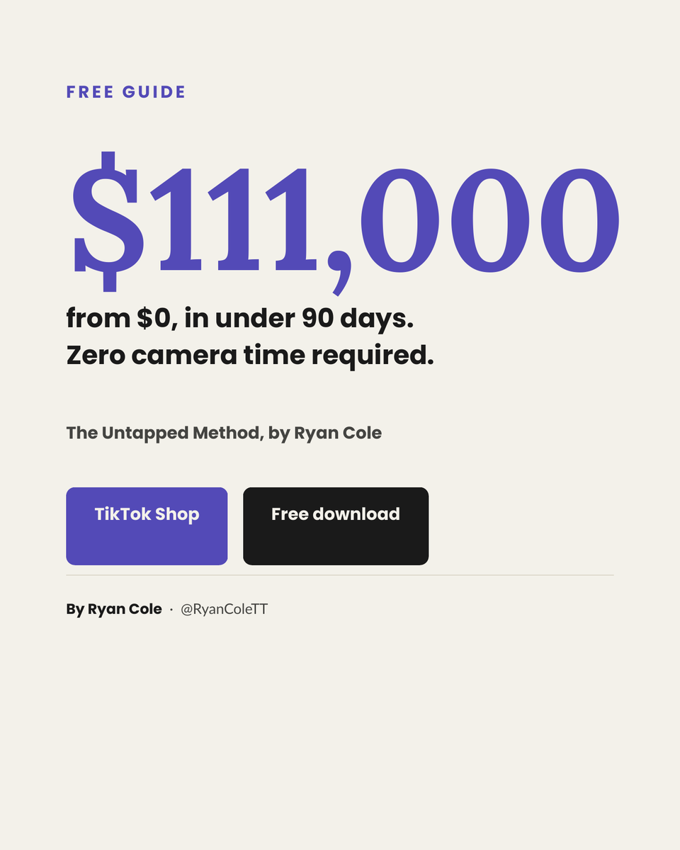 RyanColeTTok's tweet photo. $220,000 in a single month.
One store. One niche. No ad agency. No team.

Here's the daily rate math and what it takes to build the same model.

The daily rate:
$220,000 per month = $7,333 per day.
From a print-on-demand store running on affiliates.
Month 2 of the same store: $20,000. Month when it crossed $220K: system had been running for months.

What you actually need to start:

1. A phone and a TikTok Shop seller account (free)
2. A Printify account (free to connect)
3. AI tools for product design (free tier available)
4. A small sample budget to seed your first 10 affiliates

That's the entire input list.

What the $220,000 month actually looked like operationally:
The operator wasn't managing a warehouse. Printify handles every order.
The operator wasn't running a content team. Affiliates were posting.
The operator was managing the affiliate relationships and ensuring new products entered the pipeline.

The timeline for this result:
Month 1: product selected, store live, first affiliates seeded, first sales.
Month 2: $20,000. System working at baseline. Affiliates building familiarity with the product.
Later months: compounding. Old affiliate content still converting. New affiliates added. Sales layer on top of sales.

A second seller I've been watching:
Month 3, starting from zero: $10,000 per month.
Not from running ads. From 8 active affiliates posting consistently after receiving samples in month one.

The comparison:
$7,333 per day from a store that compounds without daily operator content creation.
A $150,000 per year corporate salary = $411 per day, requiring 8 to 10 hours of daily presence to maintain.

The difference is not intelligence or hustle.
It is whether someone built a system where other people's content drives the income, or stayed in one where their own time is the only input.

This is the model in the free guide.
Comment PDF below, and I'll send it to you.