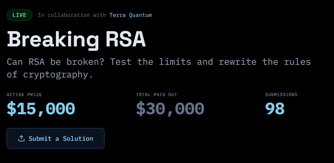 EnigmaSN63's tweet photo. ๐ข PRIZE POOL UPDATE
Breaking RSA Milestone 4 and Hardening Quantum Proof Milestone 3 remain unsolved...
That means it's time to raise the stakes once again.
Effective immediately, both milestones are now worth $15,000.
Think you can claim the prize?
#Enigma #SN63 #BreakingRSA #HardeningQuantumProof