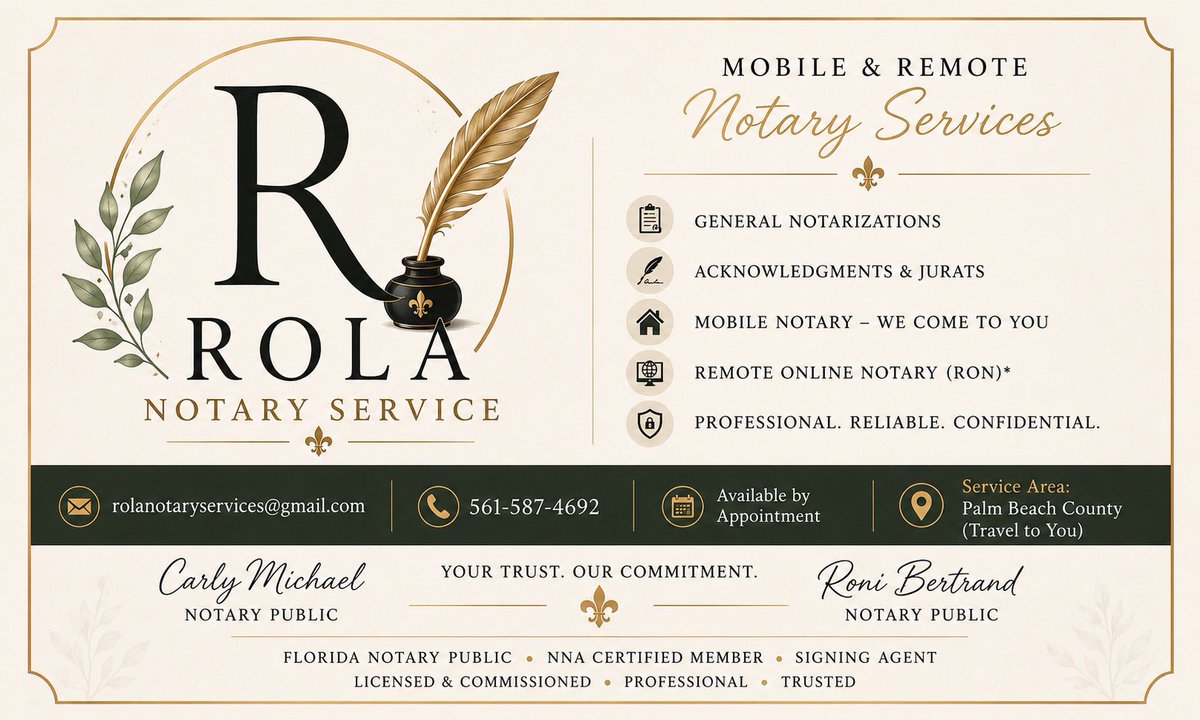 RolaEssence's tweet photo. Need a notary without rearranging your day?
๐ก Mobile Notary services come to you.
๐ป Remote Online Notarization (RON) lets you sign eligible documents securely from wherever you are.
Fast, professional, and convenient. Book your appointment today!
#MobileNotary #RON #FloridaNotary #NotaryPublic #SmallBusiness