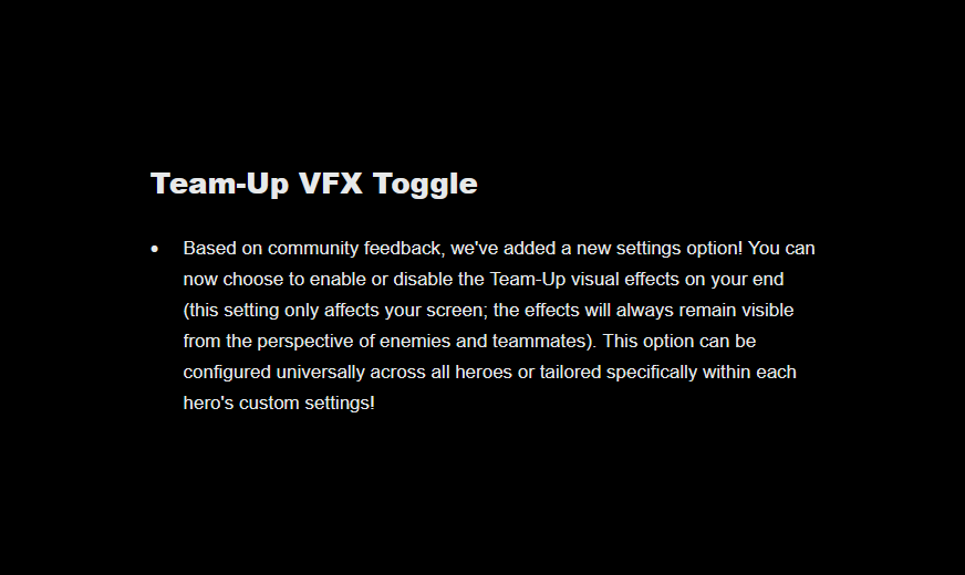mmmmmmmmiller's tweet photo. ‼️ NEW: TEAM-UP VFX TOGGLE

In response to community feedback, tomorrow's patch brings a new toggle allowing players to outright disable Team-Up visual effects either universally or on a hero-by-hero basis depending on their individual preferences. #MarvelRivals https://t.co/t7gEqLUuT4