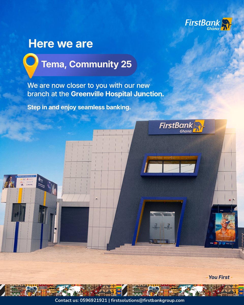 FirstBankGhana's tweet photo. We are excited to announce the opening of our Tema Community 25 branch. This expansion reflects our commitment to bringing convenient, reliable banking closer to you.
Visit us today and experience You First Banking.
#YouFirst #FirstBankGhana #NewBranch #TemaCommunity25 https://t.co/7ar7SPn3q1