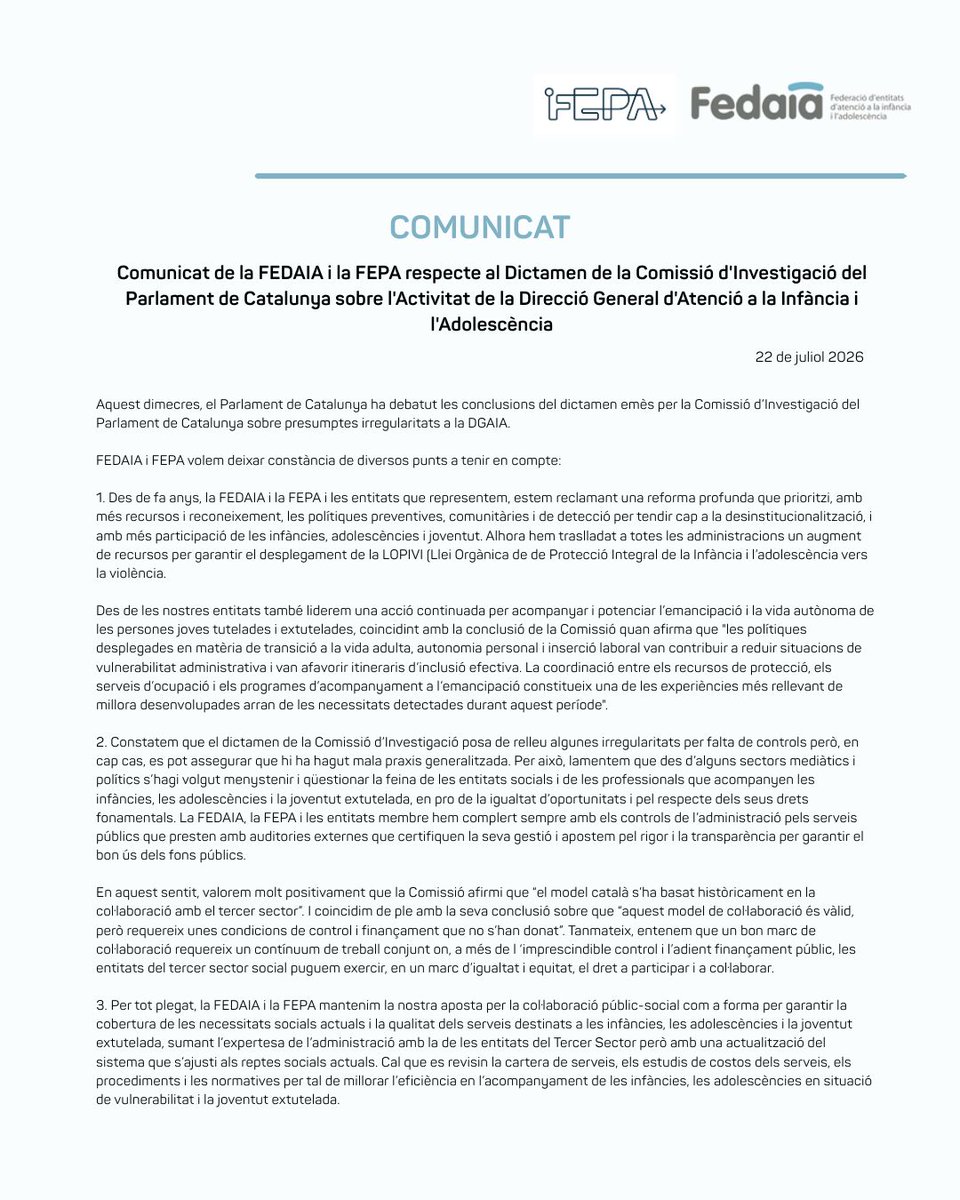 FEDAIA's tweet photo. COMUNICAT

Comunicat de la FEDAIA i la @fepa_18 respecte al Dictamen de la Comissió d'Investigació del Parlament de Catalunya sobre l'Activitat de la Direcció General d'Atenció a la Infància i l'Adolescència

#FEDAIA #FEPA https://t.co/hzXXSr3TSz