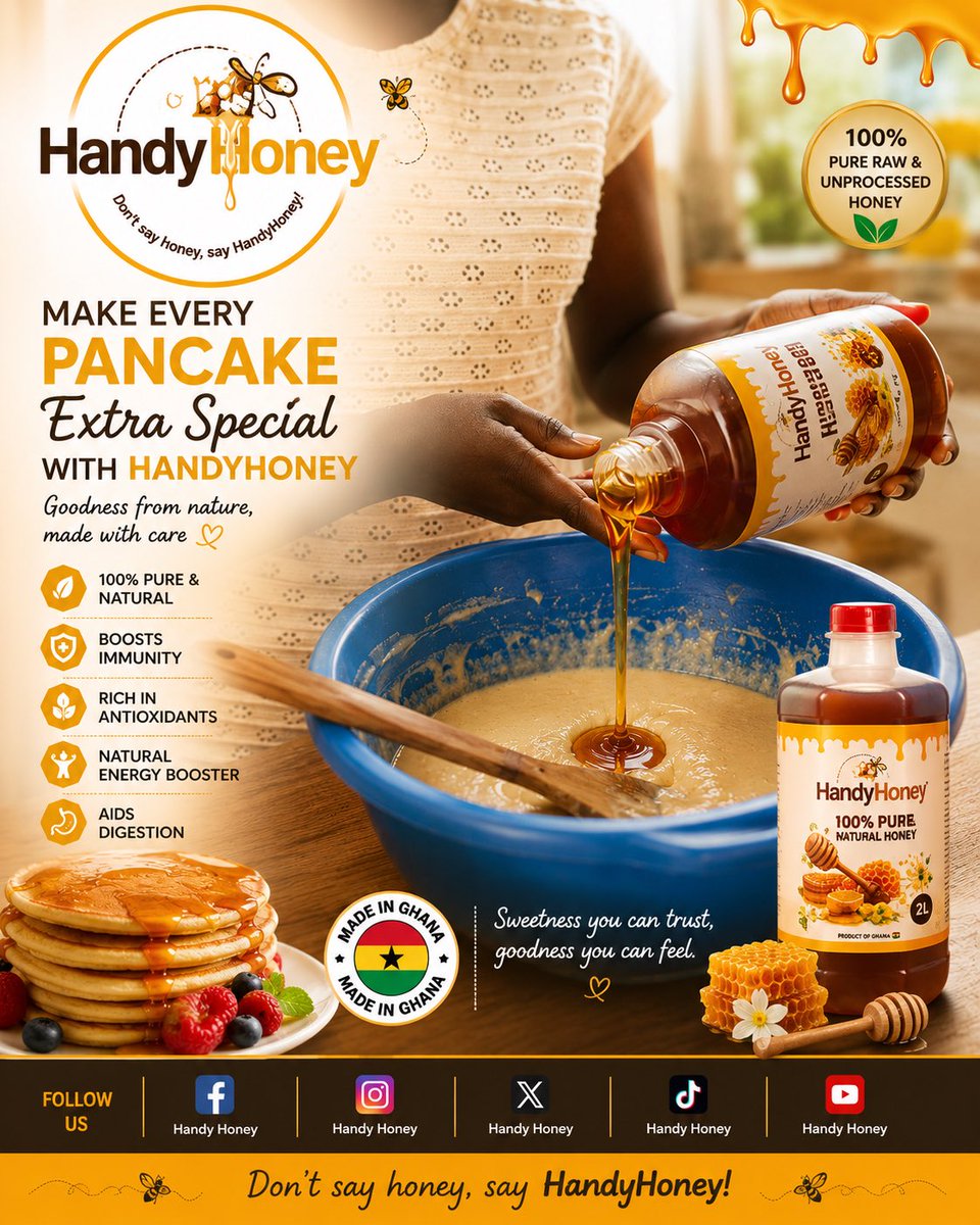 handy_honey's tweet photo. Let HandyHoney be your sweeten when making your pastries ๐ฅฎ๐ฅ๐ฅ.
Delicious and nutritious ๐ฏ๐๐ฅ.
#handyhoney #purehoney #pastry #MadeinGhana #honey https://t.co/rQPUvvu6sT