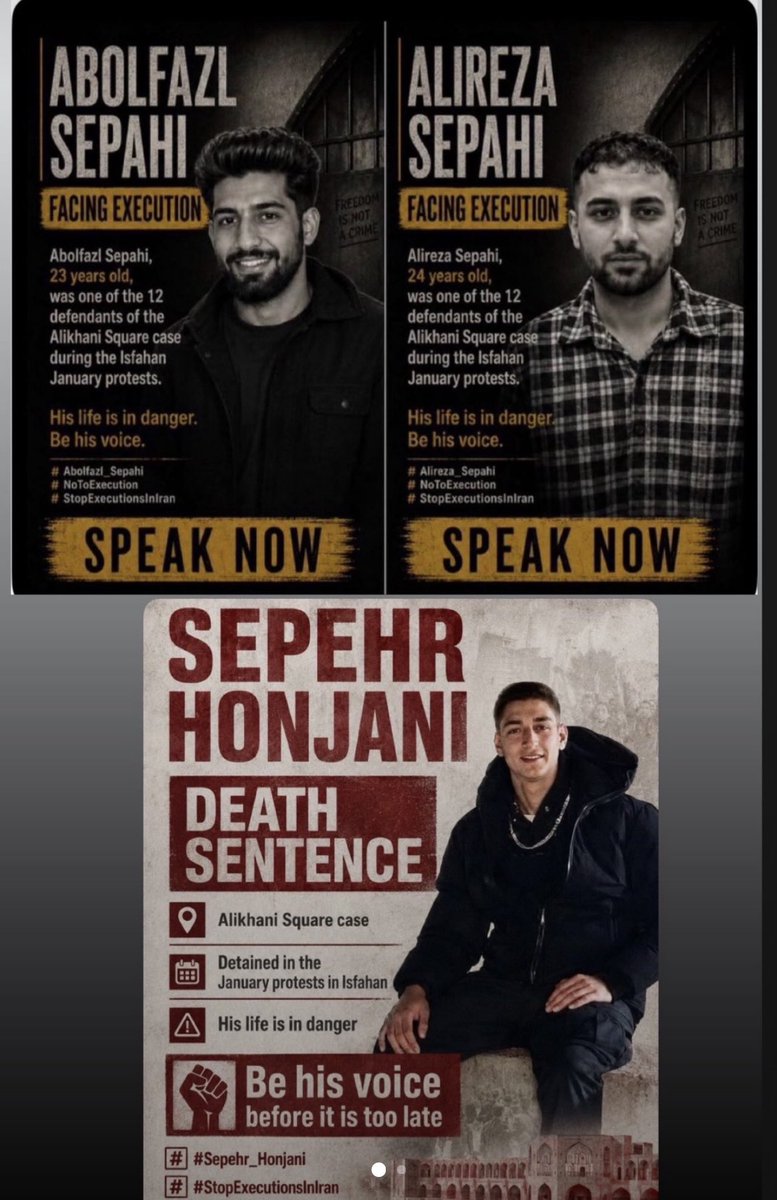 JahangiriAzar's tweet photo. 🚨 Execution Alert
Twelve young prisoners from the Isfahan Ali Khani Square case are at imminent risk of execution. Three of them—Alireza Sepahi (24), Abolfazl Sepahi (24), and Sepehr Honjani (17)—have reportedly had their final family visit and have been transferred to solitary confinement.

Time is running out. Raise your voice. Share their names. Public attention can save lives.
#StopExecutionsInIran
#بچه_های_اصفهان