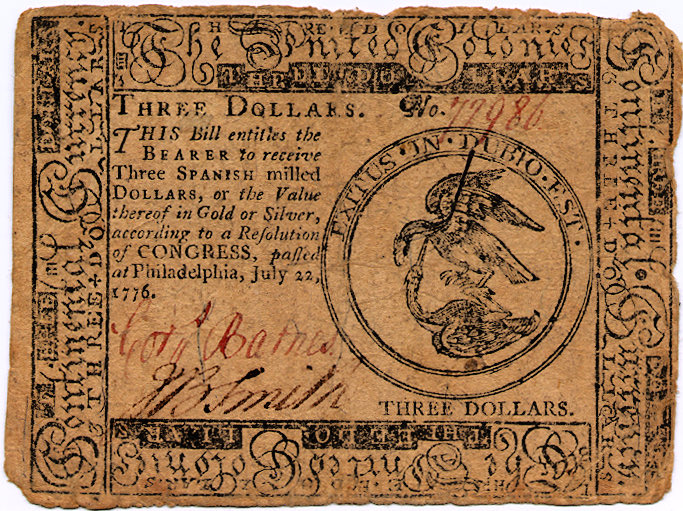 250YearsAgoLive's tweet photo. The United Colonies begin issuing continental currency in denominations of two dollars, three dollars, and thirty dollars. https://t.co/c1IxySLUmj