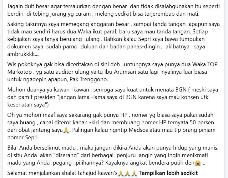 dendooott's tweet photo. Ini curhatan status FB ibu Naniek S Deyang tgl 21 Juli 2026

Beliau bicara soal pengunduran di BGN
Dan soal TEROR yg diterima nya https://t.co/fUPhwgY0Z8
