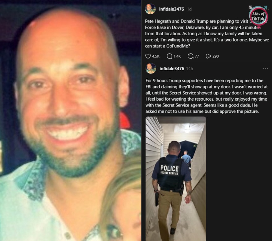 libsoftiktok's tweet photo. BREAKING: Threads user Dale Goldstein says he was visited by the Secret Service after he made a post suggesting he will kiII Trump and Secretary Hegseth https://t.co/M7DxAZ8yMm