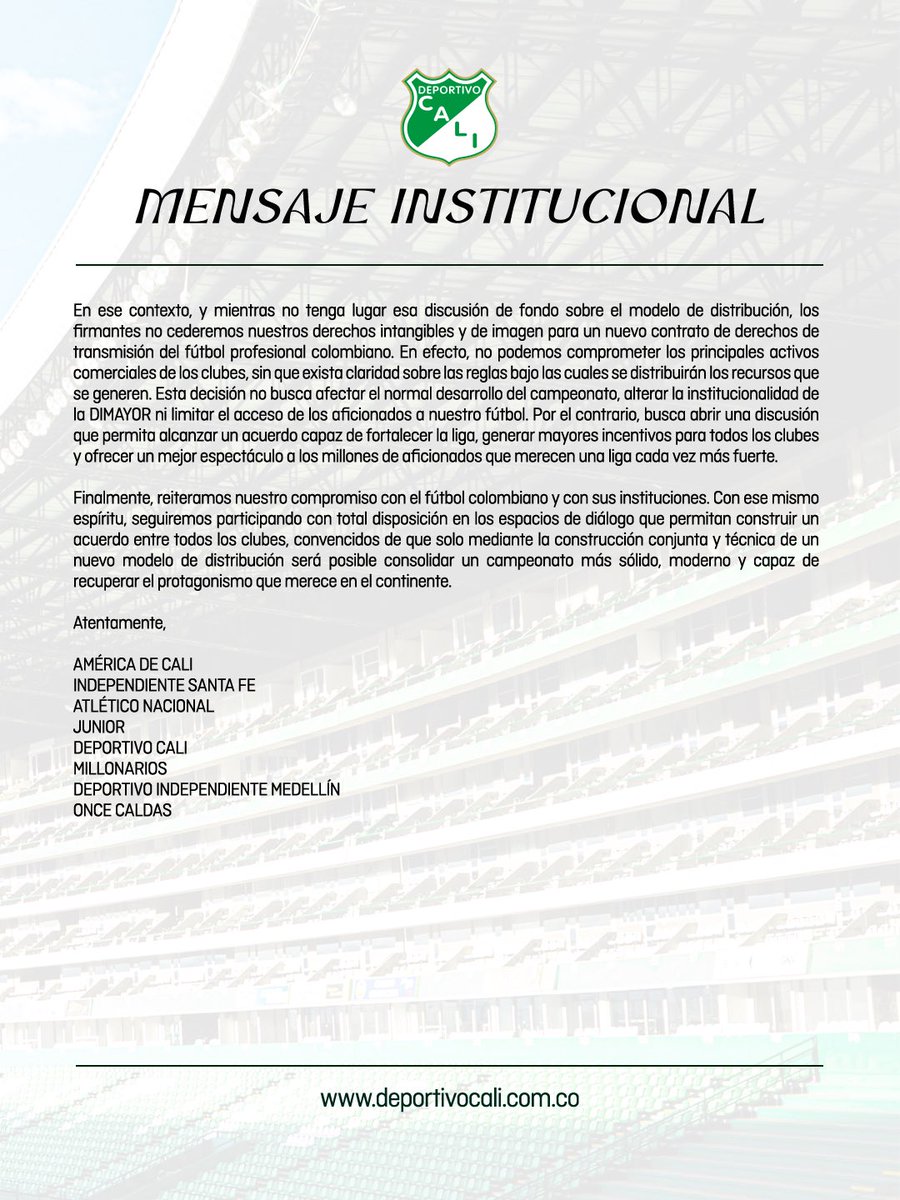 DeportivoCaliCP's tweet photo. 📃Mensaje institucional: 

Deportivo Cali se une a la construcción de un modelo de distribución más justo para el fortalecimiento del fútbol profesional colombiano. https://t.co/y2K5OjN6TG