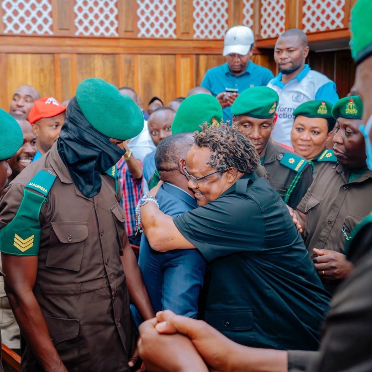 MsigwaPeter's tweet photo. Today was a very emotional day. It was good to meet my friend and CHADEMA Chairperson, Tundu Lissu, at the High Court in Dar es Salaam during the hearing of his case. Seeing him in person reminded me that true leadership is often tested in difficult moments. I was grateful for the opportunity to embrace him and show my solidarity. May truth, justice, and the rule of law always prevail.