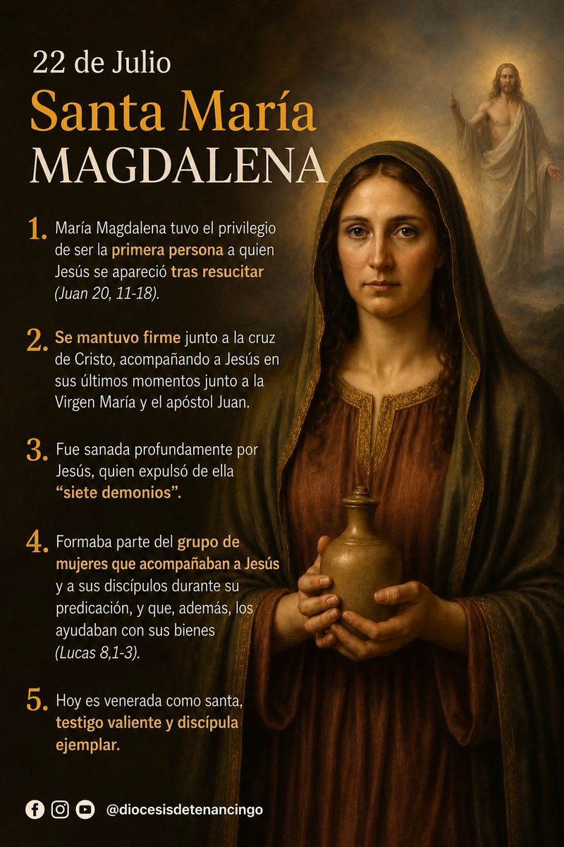 dioctenancingo's tweet photo. Hoy contemplamos el testimonio de Santa María Magdalena, discípula fiel que permaneció junto a Cristo en la hora de la Cruz y fue la primera en recibir el anuncio de la Resurrección. https://t.co/pwUj2xlZ7R