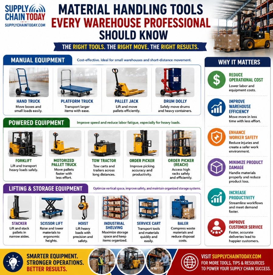 SupplyChainBlog's tweet photo. Material Handling Tools Every Warehouse Professional Should Know
#MaterialHandling #Forklift #Logistics #SupplyChain #WarehouseManagement #MaterialHandlingEquipment #IndustrialEquipment #palletjack https://t.co/z5F8cDcS8r