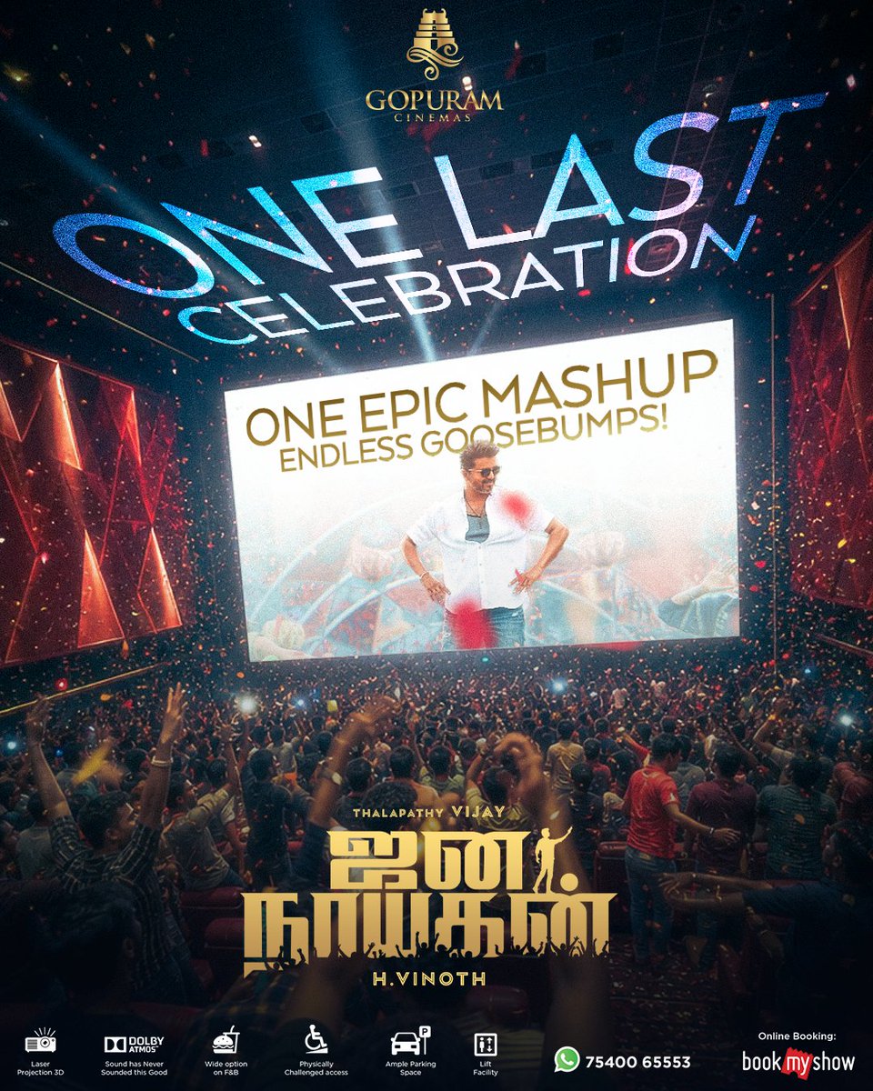 Gopuram_Cinemas's tweet photo. Let's Turn Every Show into a Festival! ❤️🎉 One Last Time. One Last Roar. One Last Celebration begins with a power-packed special mashup! Are you ready? 🔥🎵  One Final Fest Awaits at our @Gopuram_Cinemas! 🔥

Book Your Tickets Now🎟️ - https://t.co/8QKU0ydvbN 
Experience it with Laser Projection and Dolby ATMOS🔊

@actorvijay #HVinoth @hegdepooja @anirudhofficial @thedeol @_mamithabaiju 

#GopuramCinemas #OneLastTime #BookingsOpen