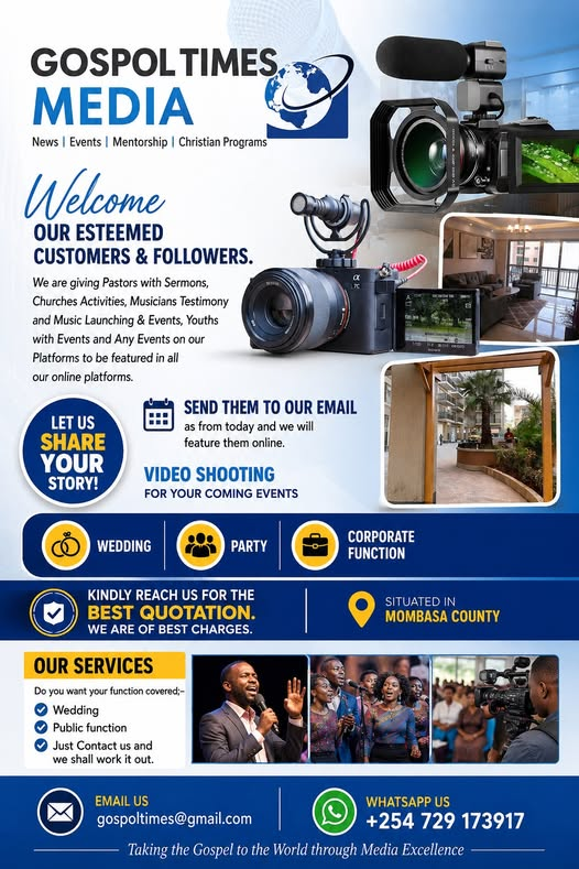gospoltimes's tweet photo. "Your Vision, Our Platform. Connecting the Body of Christ &amp; Capturing Your Best Moments."
Gospol Times Media is a Mombasa-based Christian media house dedicated to magnifying the Gospel through digital news, events coverage, mentorship, and Christian programming. https://t.co/d56jZoACRf