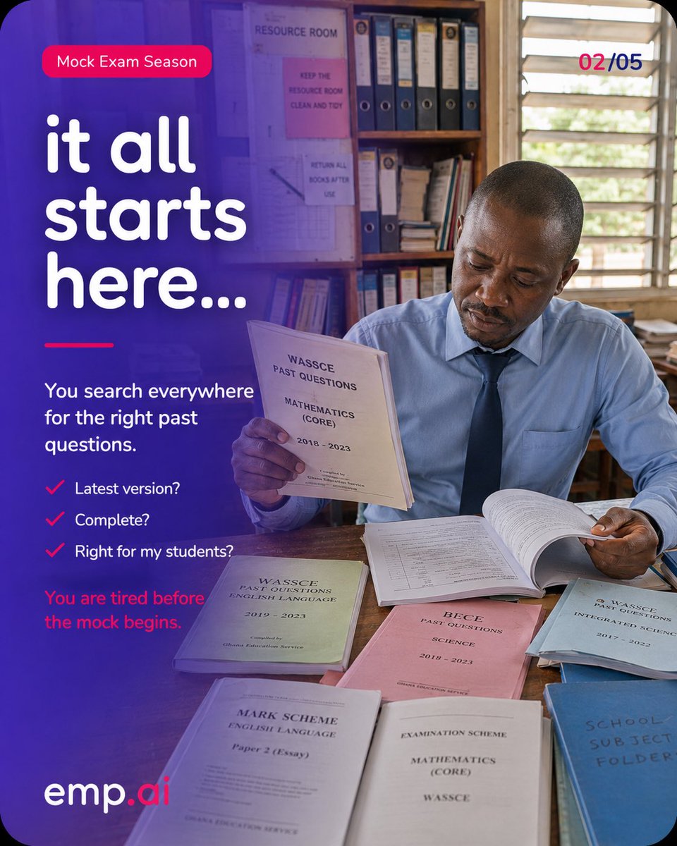 EMPAISPACE's tweet photo. Teachers, mock exam season should not take over your evenings.

Create assessments faster, reduce repetitive marking, and track student progress with https://t.co/qrM7VI3jtF.

Less paperwork. More teaching.

Learn more: https://t.co/1dxQKrV8bt

#BECE #WASSCE https://t.co/AQ68umkf8x