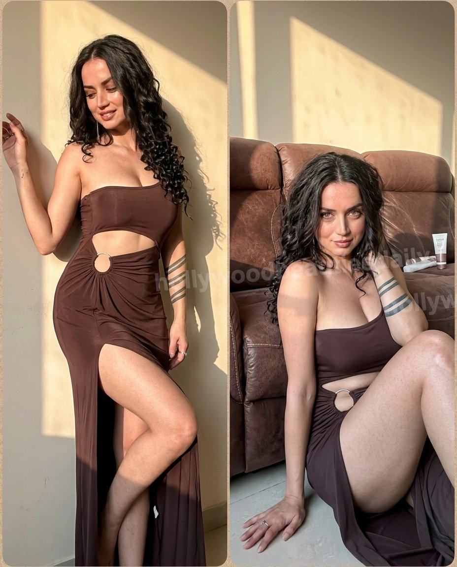 AnadeArmasWord's tweet photo. Ana de Armas strikes a confident pose in a brown strapless dress with a cutout detail and circular belt buckle against contrasting indoor backdrops. https://t.co/nTFrKb8PU0