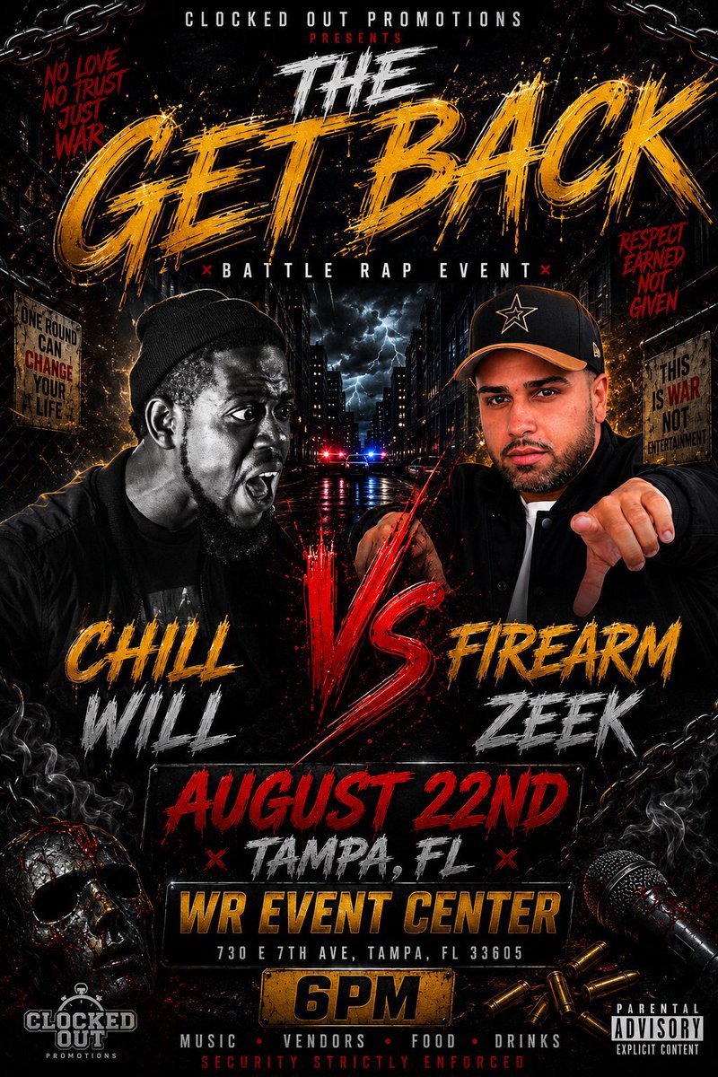 TALKSWITHJAE0's tweet photo. Clocked Out promotions presents #TheGetBack going down August 22 

@CHILLWILL_BFBG v @FirearmZeek toy don’t want to miss this matchup https://t.co/rVkAk59dXk