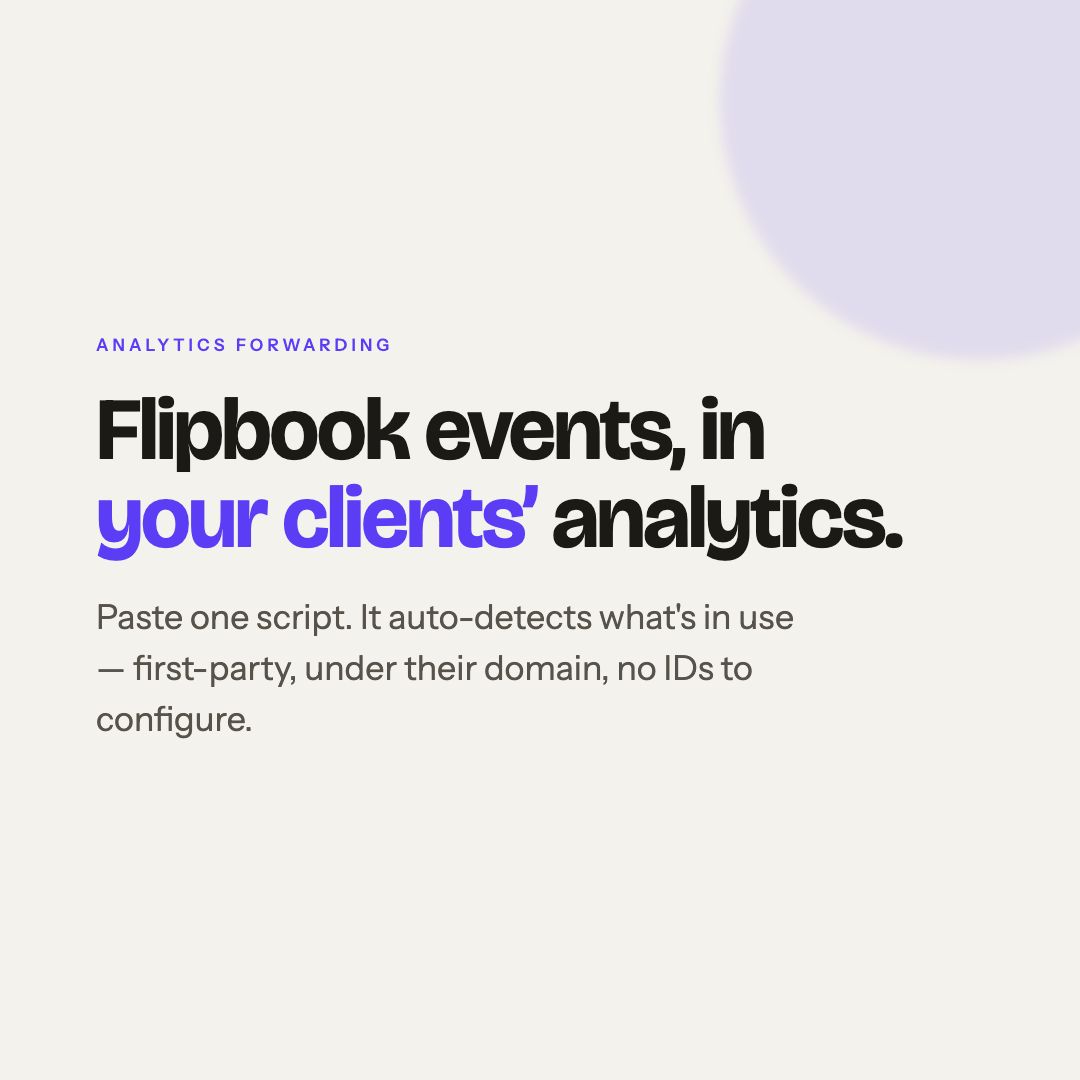 livingpageapp's tweet photo. We had no, (cough) 'issue' building this.. 😉 

Flipbook interactions can now fire events sent directly to your favourite analytics tool. Currently friends with GA4, GTM (dataLayer), @PlausibleHQ, @umami_software, @twilio Segment &amp; @usefathom 👊 

Docs: https://t.co/7VoLKxXG7M https://t.co/qx6paRFe3f
