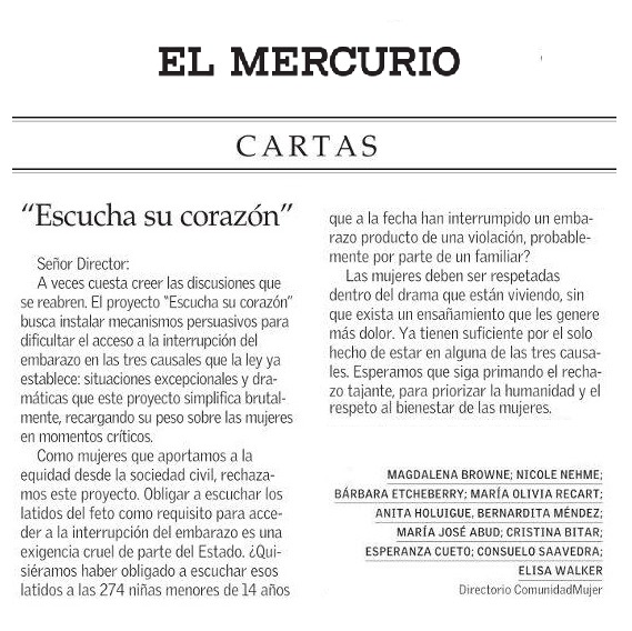ComunidadMujer's tweet photo. Obligar a escuchar los latidos del feto como requisito para acceder a la interrupción voluntaria del embarazo en 3 causales es una exigencia cruel de parte del Estado. Hoy nuestras directoras lo dicen fuerte y claro en @__elmercurio 👇🗞️ https://t.co/o0JK06xGYv